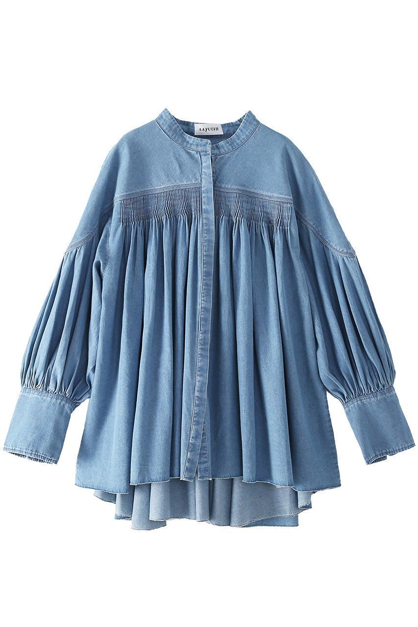 繊細なピンタックと優雅なフレアが映えるデニムブラウス 人気、トレンドファッション・服の通販 founy(ファニー) 【アユーシ/AAYUSHI】 トレンドファッション・スタイル  Trendy Fashion & Style トレンド・ファッションスタイル Fashion Trends & Styles ファッション Fashion レディースファッション Fashion for Women トップス・カットソー Cut & Sew Tops シャツ・ブラウス・オフィスカジュアル Elegant Blouses & Button-Ups インド Indian Textile エレガント 上品 Elegant クラシック Classic, Timeless Style スリーブ Sleeve, Long Sleeve / Short Sleeve デニム Denim, Jeans Material ドレープ Drape, Draping Fabric バランス Balance, Style Balance フレア Flare, Flared モダン Modern, Contemporary ヨーク Yoke, Yoke Design ロング Long, Long-Length |ID:prp329100004918814