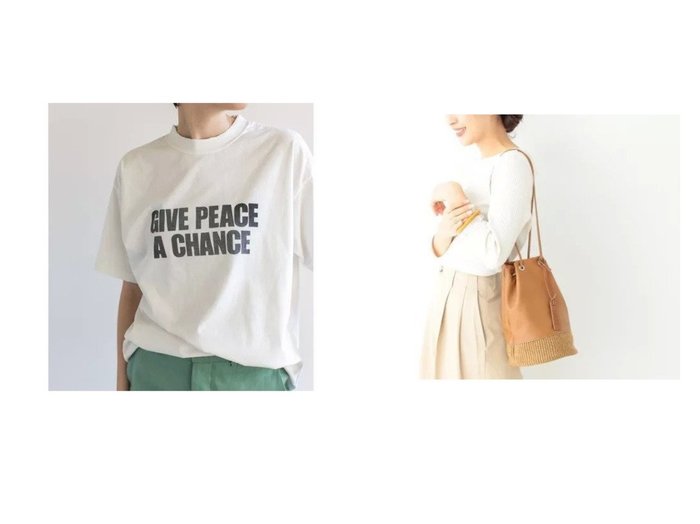 【Demi-Luxe BEAMS/デミルクス ビームス】の別注 コンビ バスケット&【GALLARDAGALANTE/ガリャルダガランテ】の【R JUBILEE】別注ロゴTシャツ/GIVE PEACE A CHANGE 別注・限定・コラボなど、おすすめ！人気トレンド・レディースファッション通販  おすすめ人気トレンドファッション通販アイテム インテリア・キッズ・メンズ・レディースファッション・服の通販 founy(ファニー) https://founy.com/ ファッション Fashion レディースファッション WOMEN トップス・カットソー Tops/Tshirt シャツ/ブラウス Shirts/Blouses ロング / Tシャツ T-Shirts カットソー Cut and Sewn バッグ Bag インナー ヴィンテージ 春 Spring 秋 Autumn/Fall カットソー カーディガン クラッシュ シンプル ジャケット とろみ デニム フロント プリント 別注 半袖 ワンポイント S/S・春夏 SS・Spring/Summer イタリア コンビ トレンド ハンドバッグ バスケット フォルム |ID:crp329100000037889