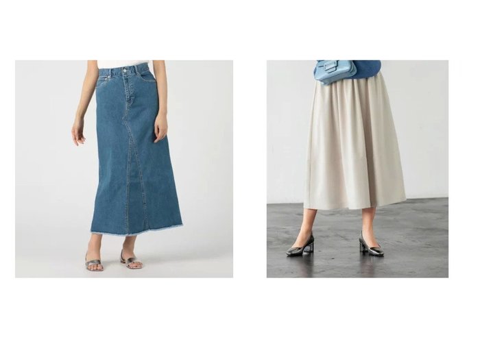 【STYLE DELI/スタイルデリ】のミディ丈裾切替ギャザーフレアスカート&【MICA & DEAL/マイカ ディール】のhem-fringe denim sk 【スカート】おすすめ！人気、トレンド・レディースファッションの通販 おすすめ人気トレンドファッション通販アイテム インテリア・キッズ・メンズ・レディースファッション・服の通販 founy(ファニー) https://founy.com/ ファッション Fashion レディースファッション WOMEN スカート Skirt Aライン/フレアスカート Flared A-Line Skirts カットオフ シンプル チェック デニム フリンジ マキシ ロング 今季 台形 洗える 春 Spring ギャザー 切替 定番 Standard バランス フォルム フレア ポケット 冬 Winter |ID:crp329100000067688