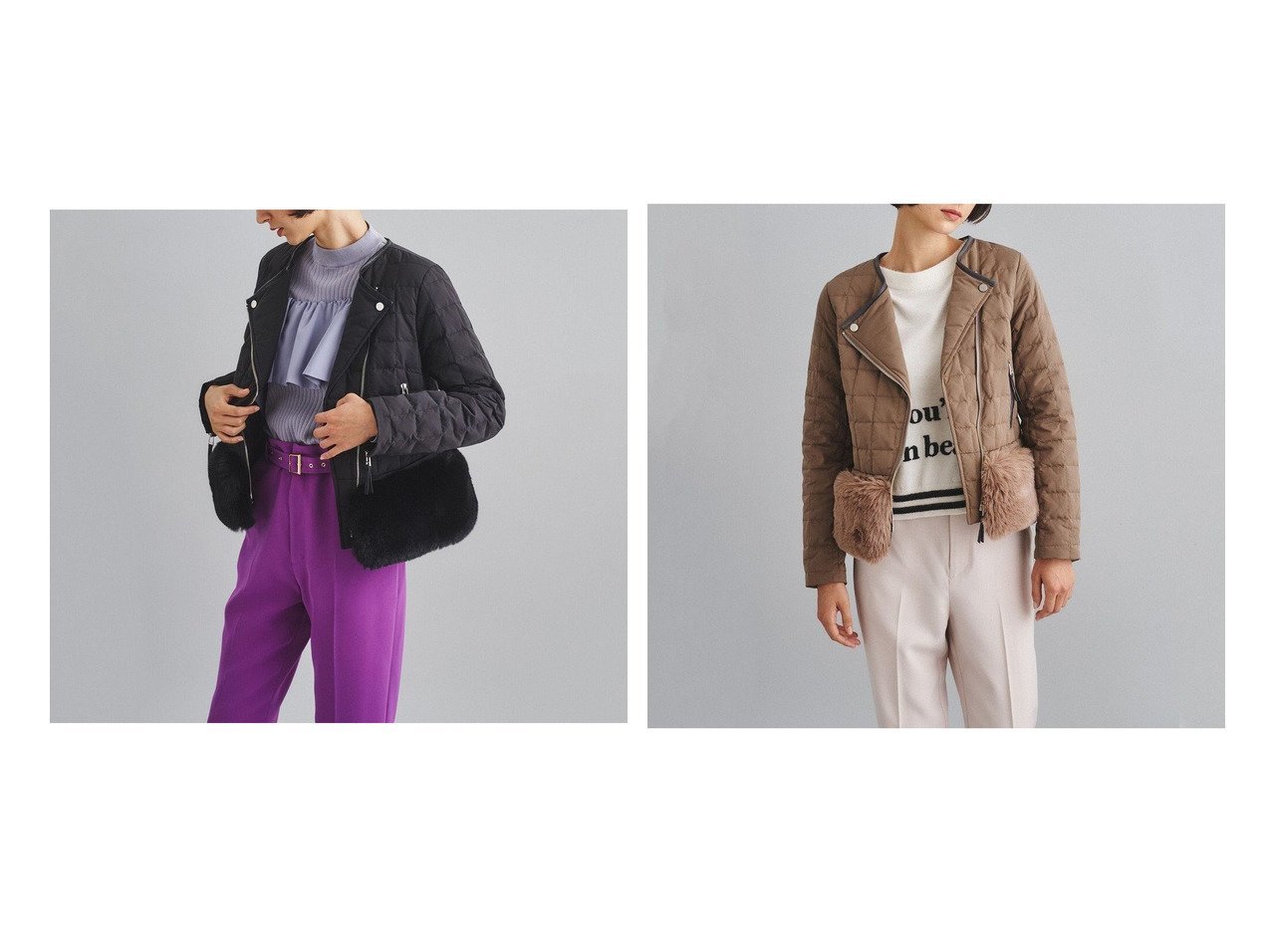 グレースコンチネンタル ノーカラー 裾ファー ライダース ダウン