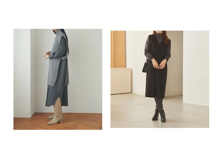【Feroux/フェルゥ】のVネック ジャンパースカート&【Green Parks/グリーンパークス】のa.ニットベストセットワンピース 【プチプライス、低価格、格安】おすすめ！人気、トレンド、レディースファッションの通販 おすすめ人気トレンドファッション通販アイテム 人気、トレンドファッション・服の通販 founy(ファニー) ファッション Fashion レディースファッション WOMEN アウター Coat Outerwear スカート Skirt 送料無料 Free Shipping セパレート ハイネック ベスト ポケット シンプル ジャンスカ ストレート タイツ タートルネック ペチコート |ID:crp329100000127752