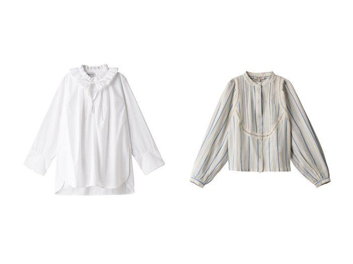 【DEPAREILLE/デパリエ】のコットンフリルカラーブラウス&【Sea NEW YORK/シー ニューヨーク】のBrady ストライプロングスリーブボタンアップトップス 【トップス、カットソー】おすすめ！人気、トレンド、レディースファッションの通販 おすすめ人気トレンドファッション通販アイテム 人気、トレンドファッション・服の通販 founy(ファニー) ファッション Fashion レディースファッション WOMEN トップス・カットソー Tops/Tshirt シャツ/ブラウス Shirts/Blouses ストライプ スリーブ ニューヨーク バランス フェミニン レース ロング 春 Spring スリット リボン |ID:crp329100000142155