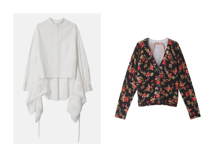 【N°21/ヌメロ ヴェントゥーノ】のフラワー柄カーディガン&【LE CIEL BLEU/ルシェル ブルー】の【IRENE】Nappe Shirt 【トップス、カットソー】おすすめ！人気、トレンド、レディースファッションの通販 おすすめ人気トレンドファッション通販アイテム 人気、トレンドファッション・服の通販 founy(ファニー) 　ファッション　Fashion　レディースファッション　WOMEN　トップス・カットソー　Tops/Tshirt　シャツ/ブラウス　Shirts/Blouses　ニット　Knit Tops　カーディガン　Cardigans　スタンド　スリーブ　モチーフ　ロング　カーディガン　フラワー　|ID:crp329100000143280