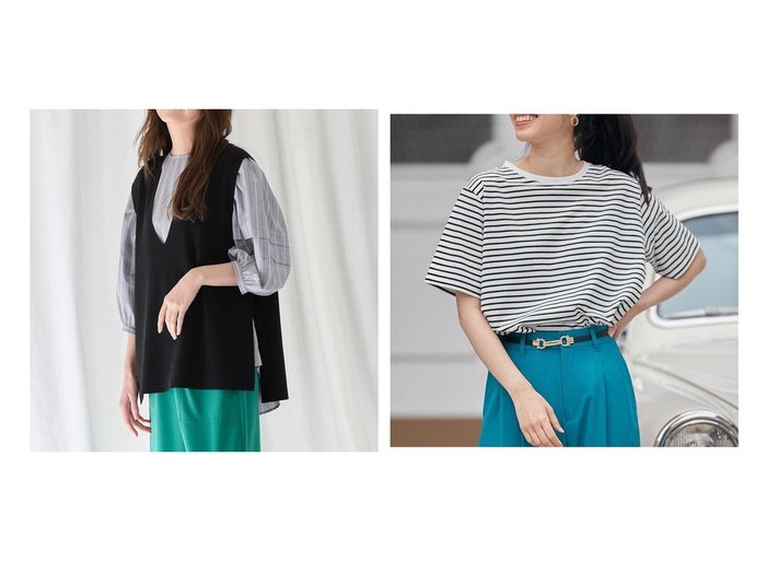 【any FAM/エニィファム】の【洗濯機可】サイドリボン ニットベスト&半袖テールTシャツ 【プチプライス・低価格】おすすめ！人気、トレンド、レディースファッションの通販 おすすめ人気トレンドファッション通販アイテム インテリア・キッズ・メンズ・レディースファッション・服の通販 founy(ファニー) https://founy.com/ ファッション Fashion レディースファッション WOMEN トップス・カットソー Tops/Tshirt シャツ/ブラウス Shirts/Blouses ロング / Tシャツ T-Shirts カットソー Cut and Sewn アウター Coat Outerwear ニット Knit Tops ベスト/ジレ Gilets/Vests 送料無料 Free Shipping おすすめ Recommend カットソー シンプル デニム ベスト ボーダー ラウンド 半袖 定番 Standard アクリル コンシャス スリット フェミニン リボン |ID:crp329100000144552