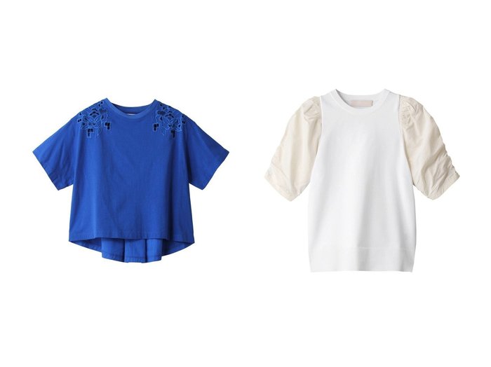 【MARILYN MOON/マリリンムーン】のポリエステルニットブラウス&オーガニックコットンカットワークTシャツ 【トップス、カットソー】おすすめ！人気、トレンド、レディースファッションの通販 おすすめ人気トレンドファッション通販アイテム 人気、トレンドファッション・服の通販 founy(ファニー) ファッション Fashion レディースファッション WOMEN トップス・カットソー Tops/Tshirt シャツ/ブラウス Shirts/Blouses ロング / Tシャツ T-Shirts カットソー Cut and Sewn ニット Knit Tops クロップド ショート スペシャル スリーブ トレンド ハンド ワーク コンパクト シャーリング 半袖 |ID:crp329100000145689