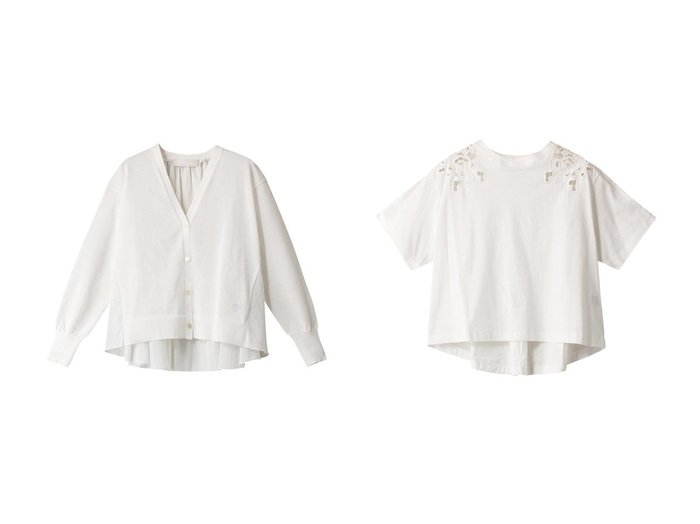【MARILYN MOON/マリリンムーン】のラッフルシアーポリエステルニットカーディガン&オーガニックコットンカットワークTシャツ 【トップス、カットソー】おすすめ！人気、トレンド、レディースファッションの通販 おすすめ人気トレンドファッション通販アイテム 人気、トレンドファッション・服の通販 founy(ファニー) ファッション Fashion レディースファッション WOMEN トップス・カットソー Tops/Tshirt シャツ/ブラウス Shirts/Blouses ロング / Tシャツ T-Shirts カットソー Cut and Sewn ニット Knit Tops カーディガン Cardigans クロップド ショート スペシャル スリーブ トレンド ハンド ワーク カーディガン ギャザー シアー タフタ ラッフル |ID:crp329100000145691