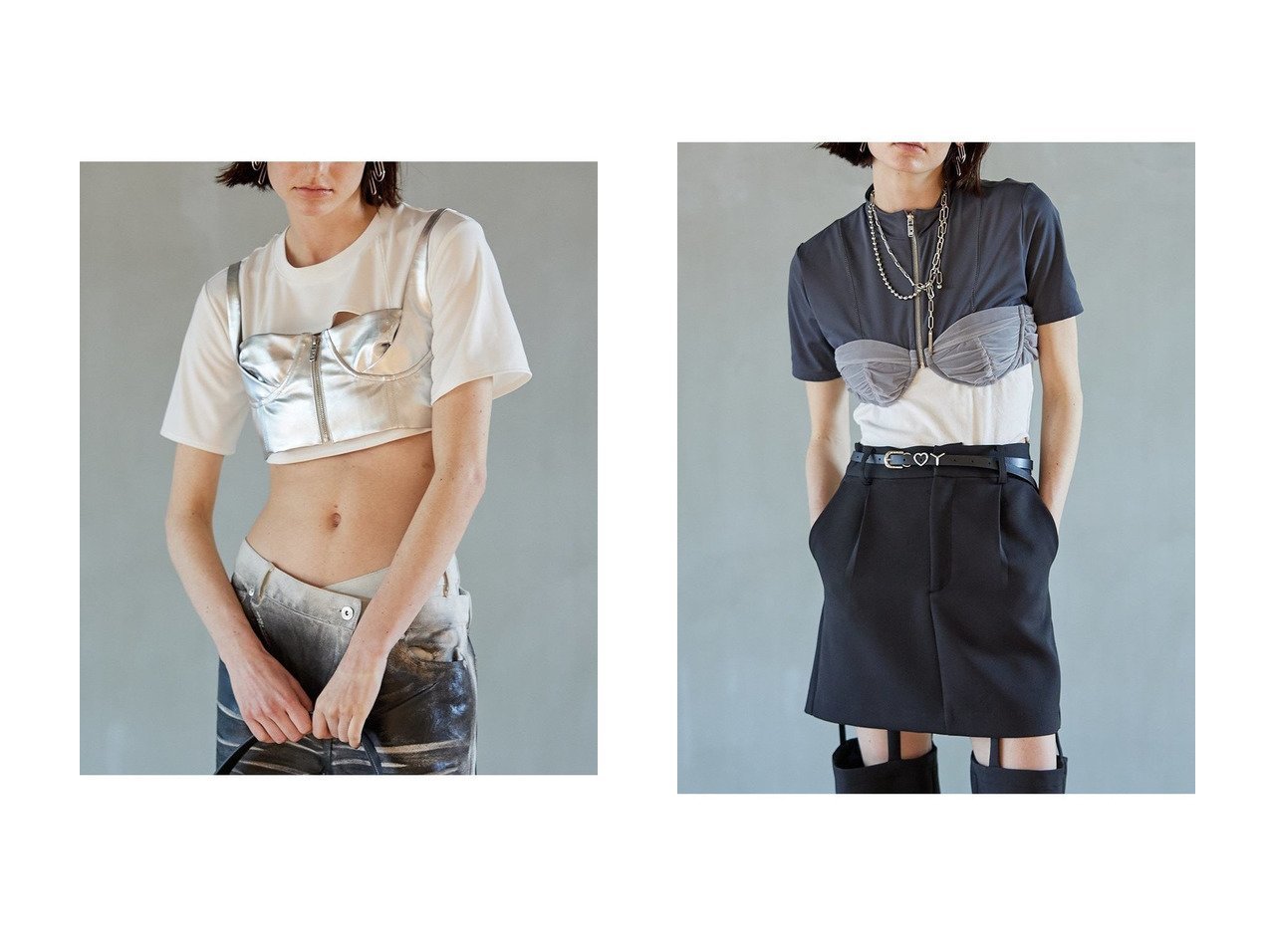 【PRANK PROJECT/プランク プロジェクト】のコルセットビスチェレイヤード Corset Bustiered Layered TEE&クロップドジップジャージートップ Cropped Jersey Top おすすめ！人気、トレンド、レディースファッションの通販 おすすめ人気トレンドファッション通販アイテム インテリア・キッズ・メンズ・レディースファッション・服の通販 founy(ファニー) 　ファッション　Fashion　レディースファッション　WOMEN　トップス・カットソー　Tops/Tshirt　シャツ/ブラウス　Shirts/Blouses　ロング / Tシャツ　T-Shirts　カットソー　Cut and Sewn　ビスチェ　Bustier　カッティング　カットソー　ショート　シルバー　スリーブ　ビスチェ　フェイクレザー　おすすめ　Recommend　クロップド　ジャージ　スポーツ　チュール　フロント　ホワイト系　White　ベージュ系　Beige　グレー系　Gray　ブラック系　Black　|ID:crp329100000147168