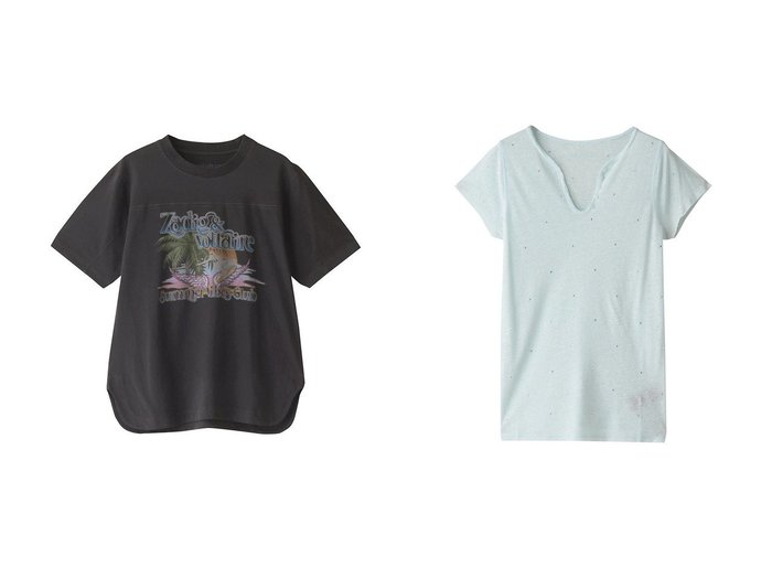 【ZADIG & VOLTAIRE/ザディグ エ ヴォルテール】のBOW SUMMER VIBES Tシャツ&TUNISIEN MC AO DOTS STRASS ブラウス 【トップス、カットソー】おすすめ！人気、トレンド、レディースファッションの通販  おすすめ人気トレンドファッション通販アイテム 人気、トレンドファッション・服の通販 founy(ファニー) ファッション Fashion レディースファッション WOMEN トップス・カットソー Tops/Tshirt シャツ/ブラウス Shirts/Blouses ロング / Tシャツ T-Shirts カットソー Cut and Sewn なめらか クリスタル ショート スリーブ デニム ボトム フロント プリント リゾート ワイド 夏 Summer |ID:crp329100000149130