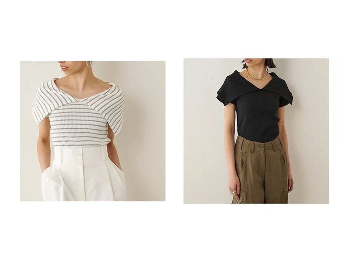 【Whim Gazette/ウィムガゼット】のリブビッグカラープルオーバー 【トップス、カットソー】おすすめ！人気、トレンド、レディースファッションの通販  おすすめ人気トレンドファッション通販アイテム 人気、トレンドファッション・服の通販 founy(ファニー) ファッション Fashion レディースファッション WOMEN トップス・カットソー Tops/Tshirt プルオーバー Pullover 2023年 2023 2023春夏・S/S SS,Spring/Summer,2023 エレガント コンパクト ダブル テレコ デコルテ ビッグ フェミニン ブライト ボーダー 半袖 |ID:crp329100000151232