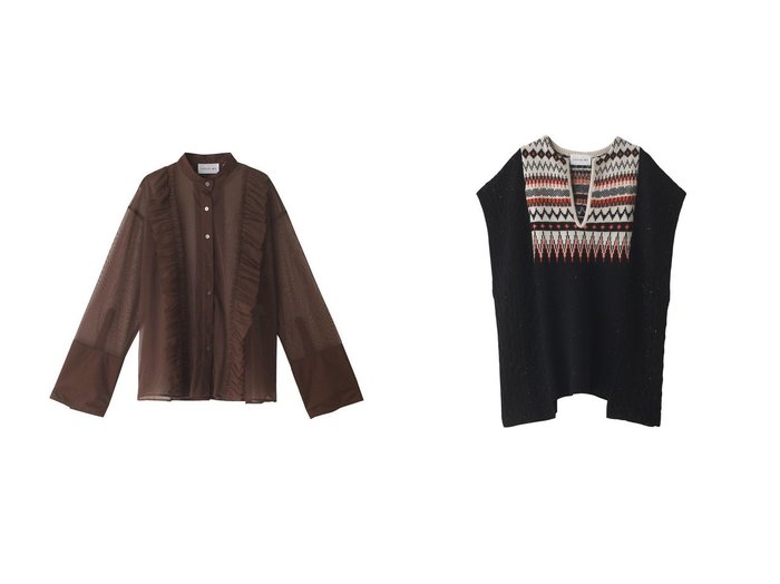 【ROSE BUD/ローズバッド】の【CREOLME】フェアアイル柄ベスト&【CREOLME】チュールフリルシャツ 【2023-2024秋冬・A/W　トップス、カットソー通販】おすすめ！人気、トレンド、レディースファッションの通販  おすすめ人気トレンドファッション通販アイテム 人気、トレンドファッション・服の通販 founy(ファニー) ファッション Fashion レディースファッション WOMEN トップス・カットソー Tops/Tshirt ニット Knit Tops ベスト/ジレ Gilets/Vests プルオーバー Pullover シャツ/ブラウス Shirts/Blouses 2023年 2023 2023-2024秋冬・A/W AW/Autumn/Winter//FW/Fall-Winter/2023-2024 A/W・秋冬 AW・Autumn/Winter・FW・Fall-Winter スリット ネップ ベスト メランジ クラシカル シアー スタンド スリーブ チュール フェミニン フリル ロング |ID:crp329100000158569