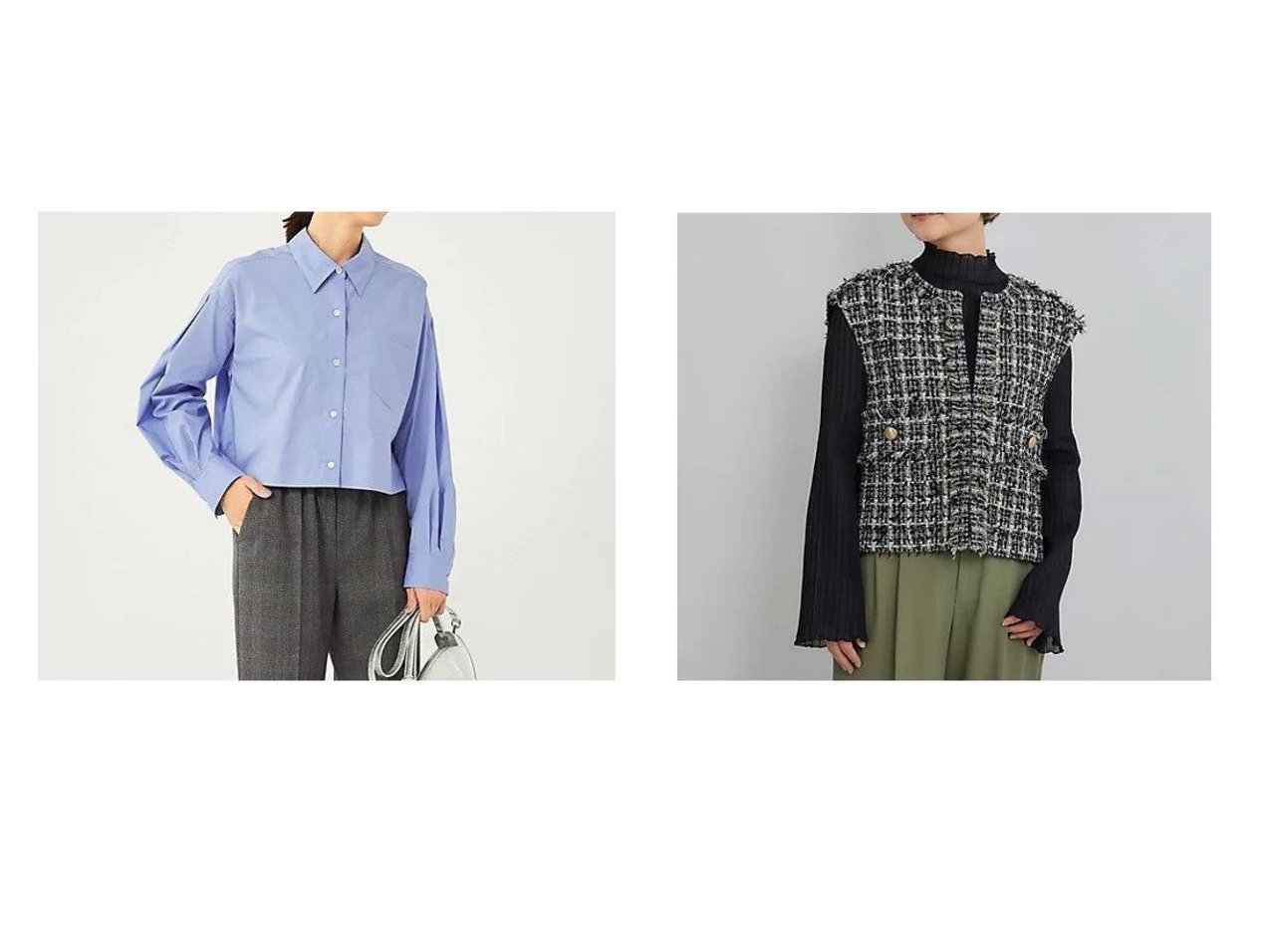 【green label relaxing / UNITED ARROWS/グリーンレーベル リラクシング / ユナイテッドアローズ】の[size SHORTあり]ツイード ベスト&クロップド シャツ 【2023-2024秋冬・A/W通販】おすすめ！人気、トレンド、レディースファッションの通販   おすすめ人気トレンドファッション通販アイテム インテリア・キッズ・メンズ・レディースファッション・服の通販 founy(ファニー) 　ファッション　Fashion　レディースファッション　WOMEN　トップス・カットソー　Tops/Tshirt　シャツ/ブラウス　Shirts/Blouses　アウター　Coat Outerwear　ベスト/ジレ　Gilets/Vests　おすすめ　Recommend　クロップド　クール　スウェット　スラックス　バランス　ワイド　秋　Autumn/Fall　カットソー　チェック　ツイード　デニム　ベスト　ブルー系　Blue　ホワイト系　White　|ID:crp329100000160398