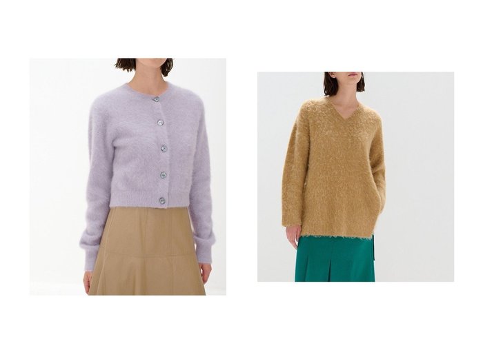 【LANVIN en Bleu/ランバン オン ブルー】のショートカーディガン&Vネックシャギーニット 【2023-2024秋冬・A/W　トップス、カットソー通販】おすすめ！人気、トレンド、レディースファッションの通販  おすすめ人気トレンドファッション通販アイテム インテリア・キッズ・メンズ・レディースファッション・服の通販 founy(ファニー) https://founy.com/ ファッション Fashion レディースファッション WOMEN トップス・カットソー Tops/Tshirt ニット Knit Tops プルオーバー Pullover Vネック V-Neck カーディガン Cardigans インナー エアリー ストール スリット チェック パープル ビッグ ボトム ポケット モヘヤ 無地 カシミヤ カーディガン ショート バランス フォックス ベーシック 羽織 |ID:crp329100000161403