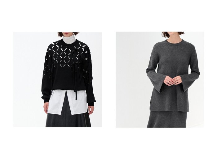 【LANVIN en Bleu/ランバン オン ブルー】のダイヤスリットリボンニット&フレアチュニックニット 【2023-2024秋冬・A/W　トップス、カットソー通販】おすすめ！人気、トレンド、レディースファッションの通販  おすすめ人気トレンドファッション通販アイテム インテリア・キッズ・メンズ・レディースファッション・服の通販 founy(ファニー) https://founy.com/ ファッション Fashion レディースファッション WOMEN トップス・カットソー Tops/Tshirt ニット Knit Tops プルオーバー Pullover 畦 スペシャル スリーブ セットアップ ファブリック フレア ボトム ポケット インナー スリット デニム プリーツ リボン |ID:crp329100000161404