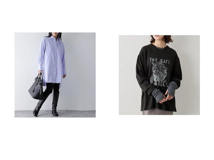 【Chaos/カオス】のニースコットンロングシャツ&【Whim Gazette/ウィムガゼット】のCAT ロングTシャツ 【2023-2024秋冬・A/W トップス、カットソー通販】おすすめ！人気、トレンド、レディースファッションの通販   おすすめ人気トレンドファッション通販アイテム インテリア・キッズ・メンズ・レディースファッション・服の通販 founy(ファニー) https://founy.com/ ファッション Fashion レディースファッション WOMEN トップス・カットソー Tops/Tshirt シャツ/ブラウス Shirts/Blouses ロング / Tシャツ T-Shirts 2023年 2023 2023-2024秋冬・A/W AW/Autumn/Winter//FW/Fall-Winter/2023-2024 おすすめ Recommend カットソー ジャケット スリーブ プリント ベーシック ボトム ロング |ID:crp329100000163532