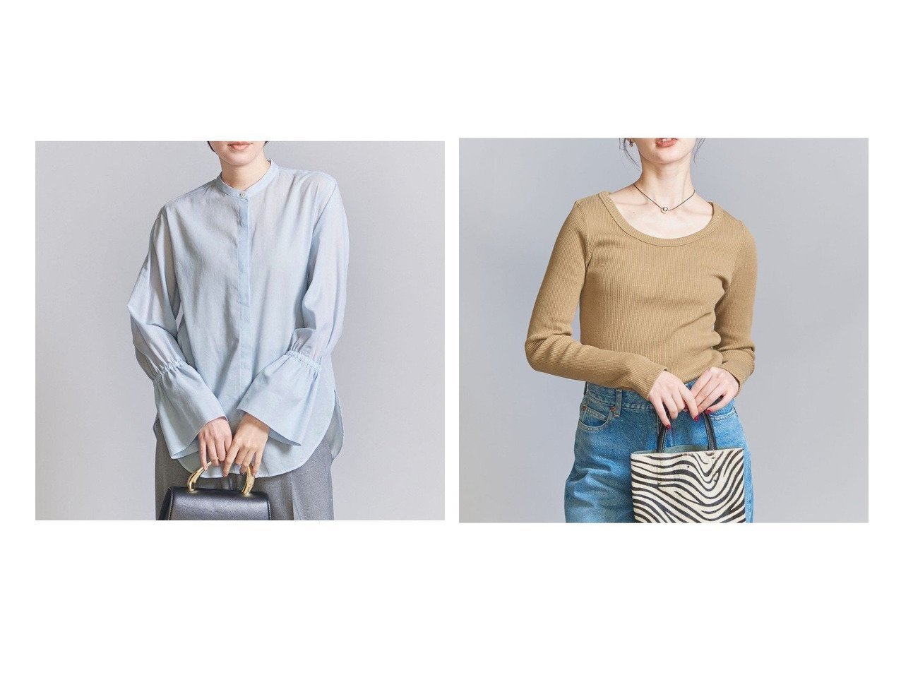 【BEAUTY&YOUTH / UNITED ARROWS/ビューティ&ユース ユナイテッドアローズ】のコットンシフォンドビー フレアスリーブ シャツ&コットンリブ ラウンドネック カットソー 【コーディネート通販】おすすめ！人気、トレンド、レディースファッションの通販  おすすめで人気の流行・トレンド、ファッションの通販商品 インテリア・家具・メンズファッション・キッズファッション・レディースファッション・服の通販 founy(ファニー) https://founy.com/ ファッション Fashion レディースファッション WOMEN トップス・カットソー Tops/Tshirt シャツ/ブラウス Shirts/Blouses カットソー Cut and Sewn インナー 春 Spring ギャザー ジャケット スラックス スリーブ デニム トレンド フレア おすすめ Recommend エレガント 上品 カットソー カーディガン ラウンド 秋 Autumn/Fall |ID:crp329100000170219