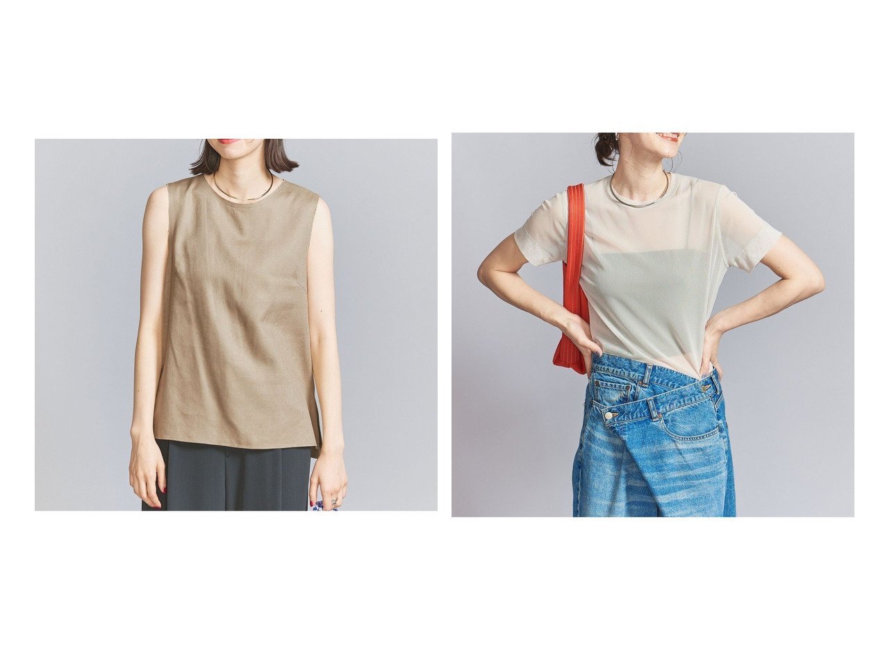 【BEAUTY&YOUTH / UNITED ARROWS/ビューティ&ユース ユナイテッドアローズ】のポリエステルチュール ショートスリーブ Tシャツ&ツイル ノースリーブ ブラウス 【コーディネート通販 2024夏 S/S Summer 夏コーデ 通販】おすすめ！人気、トレンド、レディースファッションの通販  おすすめ人気トレンドファッション通販アイテム インテリア・キッズ・メンズ・レディースファッション・服の通販 founy(ファニー) 　ファッション　Fashion　レディースファッション　WOMEN　トップス・カットソー　Tops/Tshirt　キャミソール / ノースリーブ　No Sleeves　シャツ/ブラウス　Shirts/Blouses　ロング / Tシャツ　T-Shirts　おすすめ　Recommend　カットオフ　Cut Off　サンダル　Sandals　ショーツ　Shorts　シンプル　Simple　スニーカー　Sneakers　スリット　Slit　セットアップ　Set Up　ツイル　Twill　ノースリーブ　No Sleeve　フラット　Flat　夏　Summer　春　Spring　ベージュ系　Beige　ブラック系　Black　ブルー系　Blue　|ID:crp329100000182924