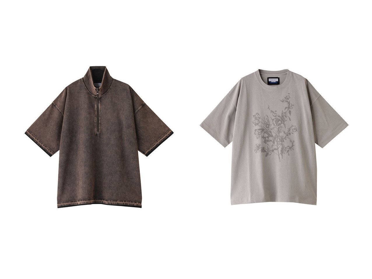 【MAISON SPECIAL/メゾンスペシャル】の【UNISEX】ケミカルオーバーダイハーフジップTシャツ&【UNISEX】ピグメントダイフラワーフロッキープリントTシャツ 【トップス、カットソー人気通販 コーディネート通販】おすすめ！人気、トレンド、レディースファッションの通販   おすすめ人気トレンドファッション通販アイテム インテリア・キッズ・メンズ・レディースファッション・服の通販 founy(ファニー) 　ファッション　Fashion　レディースファッション　WOMEN　トップス・カットソー　Tops/Tshirt　シャツ/ブラウス　Shirts/Blouses　ロング / Tシャツ　T-Shirts　カットソー　Cut and Sewn　ユニセックス　Unisex　ショート　Short　スリーブ　Sleeve　プリント　Print　モチーフ　Motif　ヴィンテージ　Vintage　NEW・新作・新着・新入荷　New Arrivals　グレー系　Gray　ベージュ系　Beige　ブラック系　Black　ホワイト系　White　ブラウン系　Brown　|ID:crp329100000186377