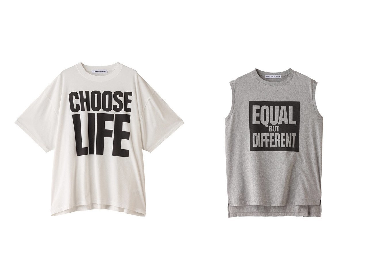 【THIRD MAGAZINE/サードマガジン】の【別注】KATHARINE HAMNETT×TM×mikomori EQUAL BUT DIFERENT SLOGAN ノースリーブTシャツ&【別注】KATHARINE HAMNETT×TM×mikomori CHOOSE LIFE SLOGAN Tシャツ 【トップス、カットソー 人気通販 コーディネート通販】おすすめ！人気、トレンド、レディースファッションの通販 おすすめ人気トレンドファッション通販アイテム インテリア・キッズ・メンズ・レディースファッション・服の通販 founy(ファニー) 　ファッション　Fashion　レディースファッション　WOMEN　トップス・カットソー　Tops/Tshirt　キャミソール / ノースリーブ　No Sleeves　シャツ/ブラウス　Shirts/Blouses　ロング / Tシャツ　T-Shirts　カットソー　Cut and Sewn　キャミソール　Camisole　タンク　Tank　ノースリーブ　No Sleeve　ビンテージ　Vintage　モチーフ　Motif　別注　Special Order　NEW・新作・新着・新入荷　New Arrivals　ホワイト系　White　グレー系　Gray　|ID:crp329100000187586