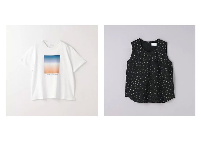 【green label relaxing / UNITED ARROWS/グリーンレーベル リラクシング / ユナイテッドアローズ】のBOX ロゴ プリント Tシャツ&【UNITED ARROWS/ユナイテッドアローズ】のラメジャカード ノースリーブ ブラウス 【トップス、カットソー 人気通販 コーディネート通販】おすすめ！人気、トレンド、レディースファッションの通販   おすすめ人気トレンドファッション通販アイテム 人気、トレンドファッション・服の通販 founy(ファニー) 　ファッション　Fashion　レディースファッション　WOMEN　トップス・カットソー　Tops/Tshirt　シャツ/ブラウス　Shirts/Blouses　ロング / Tシャツ　T-Shirts　キャミソール / ノースリーブ　No Sleeves　インナー　Inner　コンパクト　Compact　サロペット　Overalls　プリント　Print　ボトム　Bottom　ルーズ　Loose　おすすめ　Recommend　夏　Summer　シンプル　Simple　ジャカード　Jacquard　ジャケット　Jacket　デコルテ　Decolletage　デニム　Denim　ネックレス　Necklace　ノースリーブ　No Sleeve　|ID:crp329100000189317