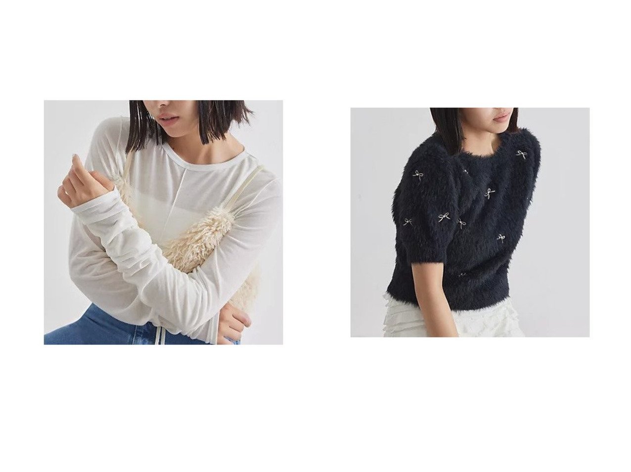 【VIS/ビス】の【洗える】シャーリングスリーブシアーロングTシャツ&フェザーヤーンリボン刺繍ビーズニット 【プチプライス、格安、低価格 人気通販 コーディネート通販】おすすめ！人気、トレンド、レディースファッションの通販   おすすめ人気トレンドファッション通販アイテム インテリア・キッズ・メンズ・レディースファッション・服の通販 founy(ファニー) 　ファッション　Fashion　レディースファッション　WOMEN　トップス・カットソー　Tops/Tshirt　シャツ/ブラウス　Shirts/Blouses　ロング / Tシャツ　T-Shirts　ニット　Knit Tops　インナー　Inner　春　Spring　洗える　Washable　秋　Autumn/Fall　シアー　Sheer　シャーリング　Shirring　ジャケット　Jacket　ストレッチ　Stretch　スリーブ　Sleeve　センター　Center　トレンド　Trend　ビスチェ　Bustier　フロント　Front　ベスト　Vest　ロング　Long　冬　Winter　A/W・秋冬　Aw・Autumn/Winter・Fw・Fall-Winter　おすすめ　Recommend　2024年　2024　2024-2025秋冬・A/W　Aw/Autumn/Winter/Fw/Fall/2024-2025　ショート　Short　フェザーヤーン　Feather Yarn　フェミニン　Feminine　メタル　Metal　モチーフ　Motif　リボン　Ribbon　ブラック系　Black　ホワイト系　White　レッド系　Red　グレー系　Gray　|ID:crp329100000189396