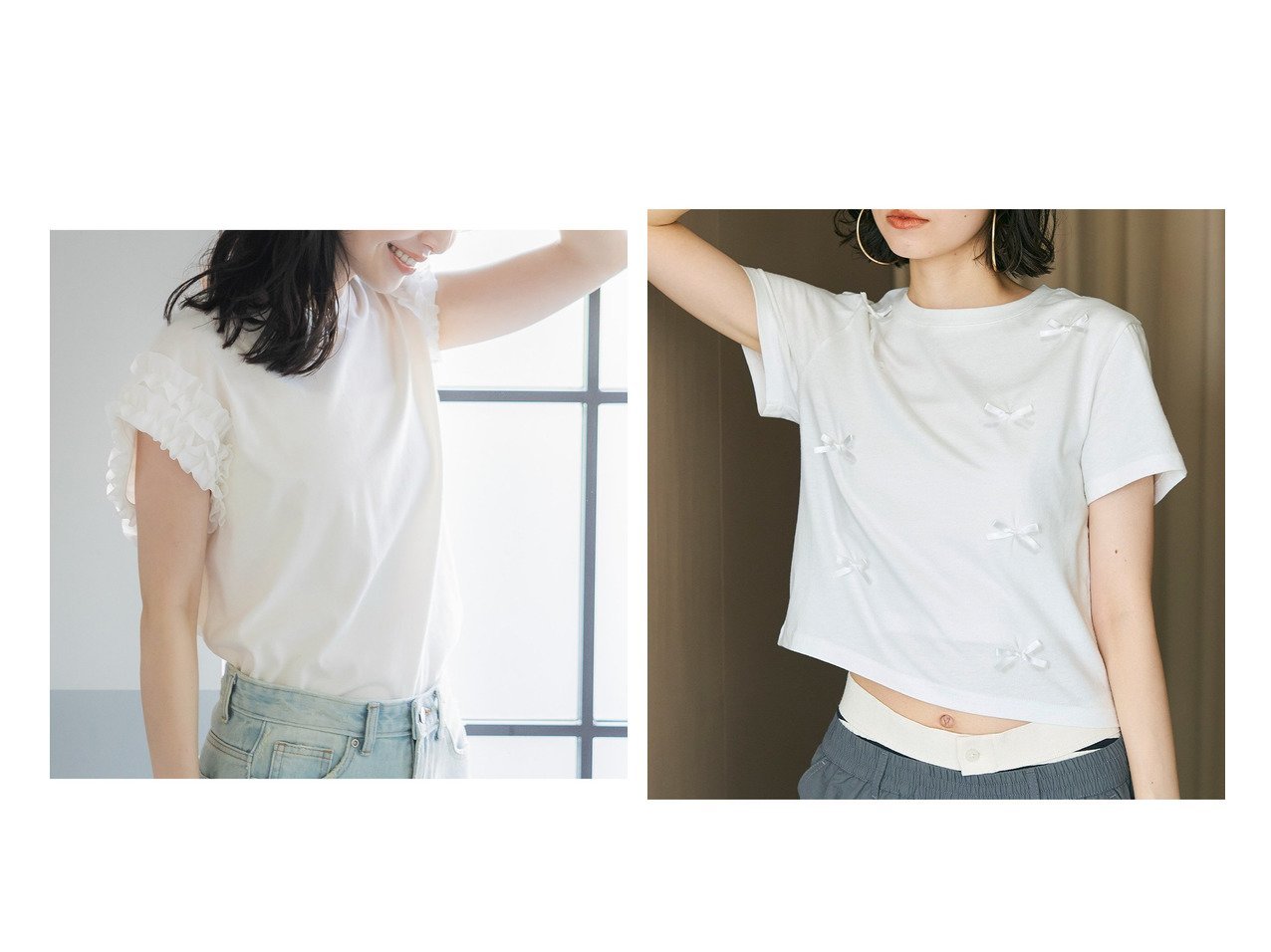 【COCA/コカ】のコットンリボンTシャツ&肩フリルトップス 【 プチプライス、格安、低価格 人気通販 コーディネート通販】おすすめ！人気、トレンド、レディースファッションの通販   おすすめ人気トレンドファッション通販アイテム インテリア・キッズ・メンズ・レディースファッション・服の通販 founy(ファニー) 　ファッション　Fashion　レディースファッション　WOMEN　トップス・カットソー　Tops/Tshirt　シャツ/ブラウス　Shirts/Blouses　ロング / Tシャツ　T-Shirts　インナー　Inner　カットソー　Cut And Sew　コンシャス　Conscious　コンパクト　Compact　シンプル　Simple　フリル　Frills　ボトム　Bottom　ポケット　Pocket　マーメイド　Mermaid　おすすめ　Recommend　なめらか　Smooth　カーゴパンツ　Cargo Pants　ショート　Short　デニム　Denim　バレエ　Ballet　リボン　Ribbon　定番　Standard　ホワイト系　White　ブラック系　Black　|ID:crp329100000190134