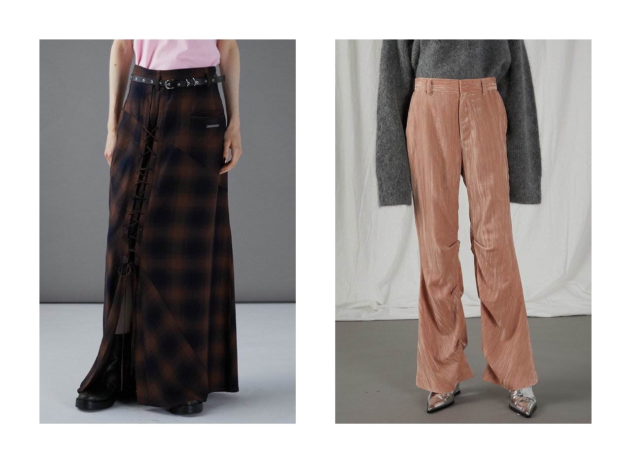 【PRANK PROJECT/プランク プロジェクト】のマルチチェックレースアップスカート Multi Check Lace-Up Skirt&ベルベッドフレアパンツ Velvet Flare Pants 【 人気通販 コーディネート通販】おすすめ！人気、トレンド、レディースファッションの通販   おすすめ人気トレンドファッション通販アイテム インテリア・キッズ・メンズ・レディースファッション・服の通販 founy(ファニー) 　ファッション　Fashion　レディースファッション　WOMEN　スカート　Skirt　ロングスカート　Long Skirt　パンツ　Pants　2024年　2024　2024-2025秋冬・A/W　Aw/Autumn/Winter/Fw/Fall/2024-2025　A/W・秋冬　Aw・Autumn/Winter・Fw・Fall-Winter　おすすめ　Recommend　ジャケット　Jacket　セットアップ　Set Up　チェック　Check　トレンド　Trend　フロント　Front　ベスト　Vest　ルーズ　Loose　レース　Race　ロング　Long　ドレープ　Drape　フレア　Flare　ベルベット　Velvet　ブラック系　Black　ブルー系　Blue　ブラウン系　Brown　|ID:crp329100000190516