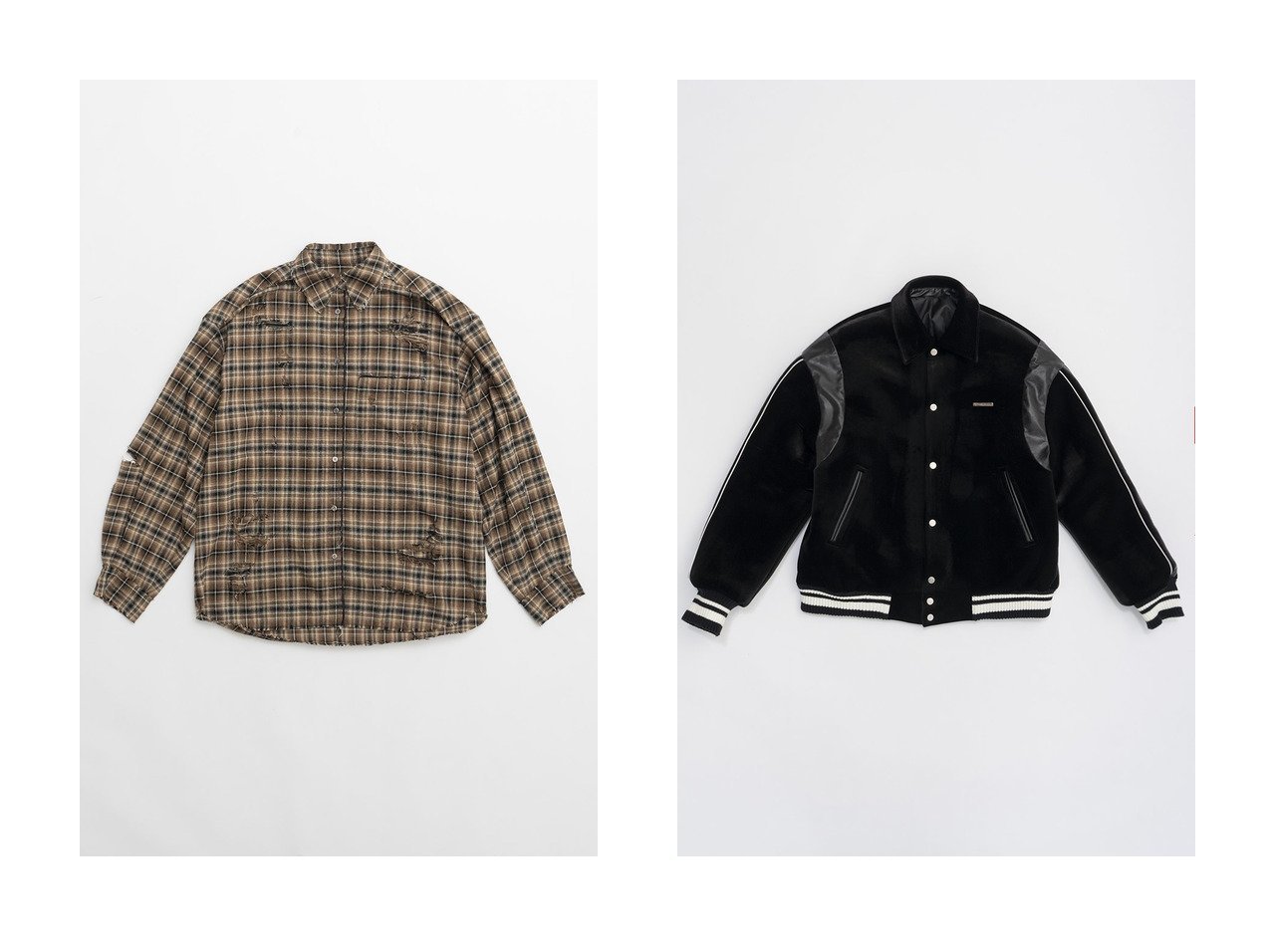 【PRANK PROJECT/プランク プロジェクト】のダメージチェックシャツDamaged Check Shirt&ベロアスタジャン Velour Stadium Jacket 【人気通販 コーディネート通販】おすすめ！人気、トレンド、レディースファッションの通販   おすすめ人気トレンドファッション通販アイテム インテリア・キッズ・メンズ・レディースファッション・服の通販 founy(ファニー) 　ファッション　Fashion　レディースファッション　WOMEN　トップス・カットソー　Tops/Tshirt　シャツ/ブラウス　Shirts/Blouses　アウター　Coat Outerwear　ジャケット　Jackets　ブルゾン　Blouson/Jackets　カフス　Cuffs　スリーブ　Sleeve　ダメージ　Damage　チェック　Check　ハンド　Hand　ポケット　Pocket　ロング　Long　NEW・新作・新着・新入荷　New Arrivals　グレー系　Gray　ブルー系　Blue　ブラウン系　Brown　ブラック系　Black　|ID:crp329100000191443