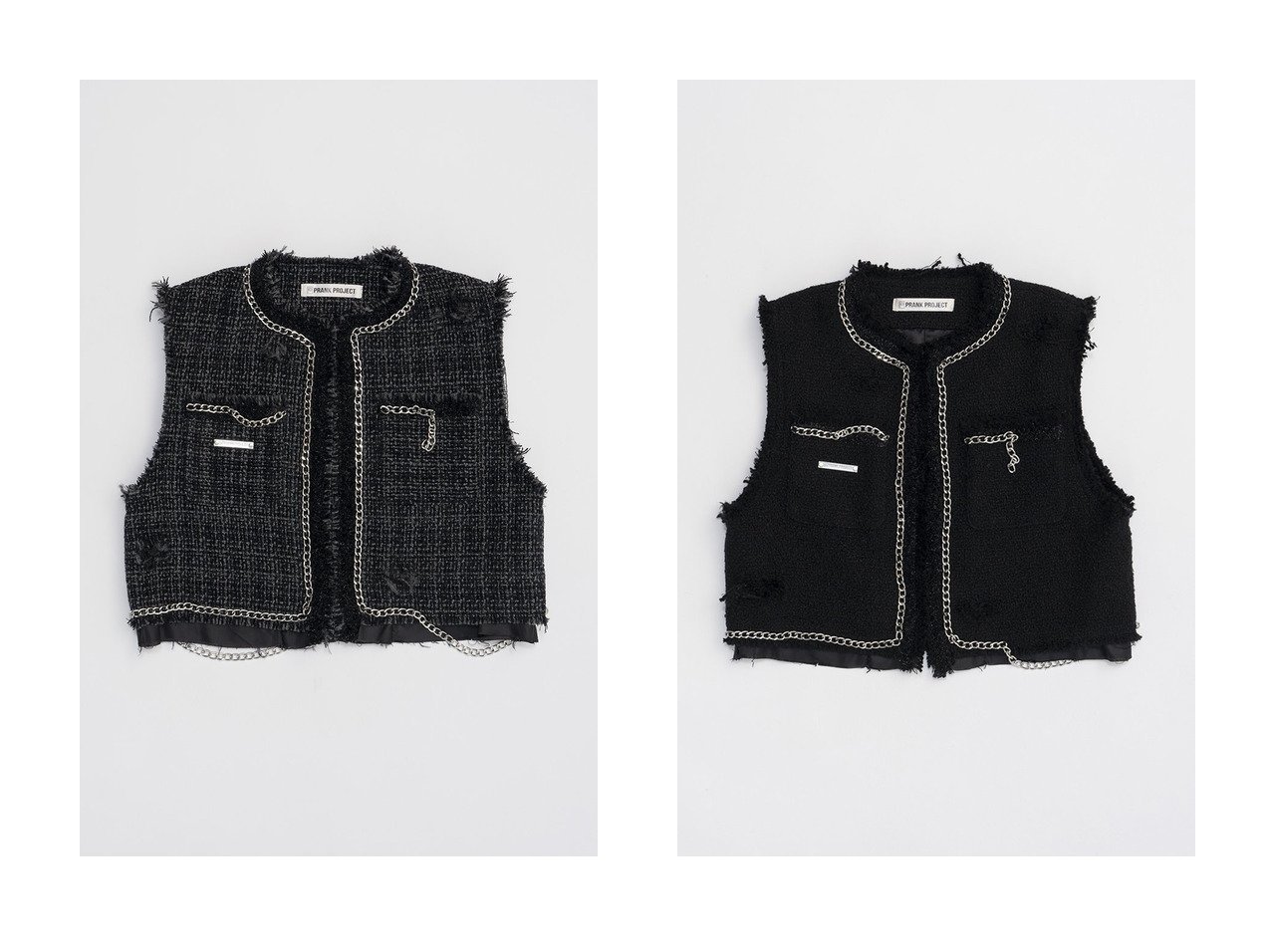 【PRANK PROJECT/プランク プロジェクト】のクロップドツイードベスト Cropped Tweed Vest 【人気通販 コーディネート通販】おすすめ！人気、トレンド、レディースファッションの通販   おすすめ人気トレンドファッション通販アイテム インテリア・キッズ・メンズ・レディースファッション・服の通販 founy(ファニー) 　ファッション　Fashion　レディースファッション　WOMEN　アウター　Coat Outerwear　ジャケット　Jackets　おすすめ　Recommend　クラシカル　Classical　ジャケット　Jacket　ダメージ　Damage　チェック　Check　チェーン　Chain　ツイード　Tweed　ベスト　Vest　NEW・新作・新着・新入荷　New Arrivals　グレー系　Gray　ブラック系　Black　|ID:crp329100000191445