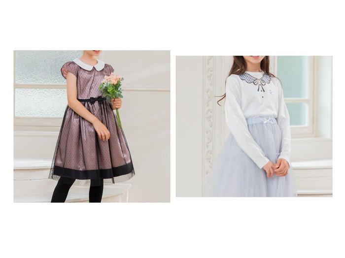 【KUMIKYOKU/組曲 / KIDS】の【110-140㎝】チュールドット ドレス&【110-140㎝】トロンプルイユロン Tシャツ 【KIDS】子供服のおすすめ！人気トレンド・キッズファッションの通販    おすすめ人気トレンドファッション通販アイテム 人気、トレンドファッション・服の通販 founy(ファニー) 　ファッション　Fashion　キッズファッション　KIDS　ワンピース　Dress/Kids　トップス・カットソー　Tops/Tees/Kids　A/W・秋冬　Aw・Autumn/Winter・Fw・Fall-Winter　クラシカル　Classical　サテン　Satin　チュール　Tulle　ドット　Dot　ドレス　Dress　バランス　Balance　ラベンダー　Lavender　リボン　Ribbon　エレガント 上品　Elegant　インナー　Inner　カットソー　Cut And Sew　チェック　Check　ベーシック　Basic　ボトム　Bottom　|ID:crp329100000193018