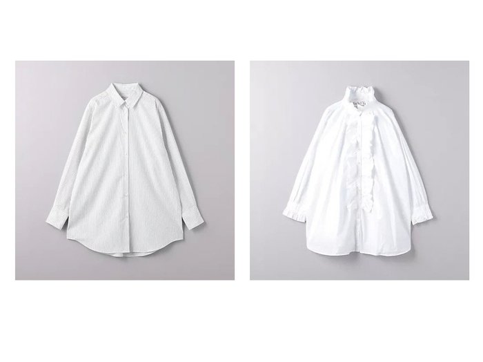 【UNITED ARROWS/ユナイテッドアローズ】のフリル ロングスリーブ シャツ WHT&コットンブロード チュニックシャツ 【トップス、カットソー 人気通販 コーディネート通販】おすすめ！人気、トレンド、レディースファッションの通販    おすすめ人気トレンドファッション通販アイテム インテリア・キッズ・メンズ・レディースファッション・服の通販 founy(ファニー) https://founy.com/ ファッション Fashion レディースファッション WOMEN トップス・カットソー Tops/Tshirt シャツ/ブラウス Shirts/Blouses カフス Cuffs コンパクト Compact ストライプ Stripe チュニック Tunic ブロード Broad マニッシュ Mannish レギュラー Regular ギャザー Gather シンプル Simple スリーブ Sleeve デニム Denim バランス Balance フリル Frills ベスト Vest ボトム Bottom ミックス Mix ロング Long おすすめ Recommend |ID:crp329100000193622