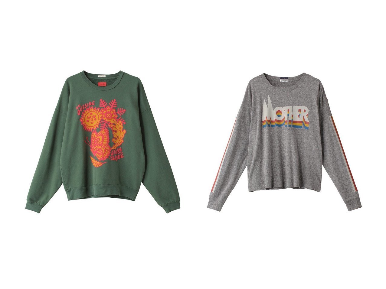 【MOTHER/マザー】のGO OUTSIDE プリントスウェット(GSD)&MOTHER PRISM プリントロングTシャツ(MPM) 【トップス、カットソー 人気通販 コーディネート通販】おすすめ！人気、トレンド、レディースファッションの通販    おすすめ人気トレンドファッション通販アイテム インテリア・キッズ・メンズ・レディースファッション・服の通販 founy(ファニー) 　ファッション　Fashion　レディースファッション　WOMEN　トップス・カットソー　Tops/Tshirt　シャツ/ブラウス　Shirts/Blouses　パーカ　Sweats　ロング / Tシャツ　T-Shirts　スウェット　Sweat　カットソー　Cut and Sewn　2024年　2024　2024-2025秋冬・A/W　Aw/Autumn/Winter/Fw/Fall/2024-2025　A/W・秋冬　Aw・Autumn/Winter・Fw・Fall-Winter　スウェット　Sweat　スリーブ　Sleeve　フレア　Flare　プリント　Print　プリーツ　Pleats　ボトム　Bottom　ロング　Long　シンプル　Simple　バランス　Balance　ワイド　Wide　グリーン系　Green　グレー系　Gray　|ID:crp329100000194131