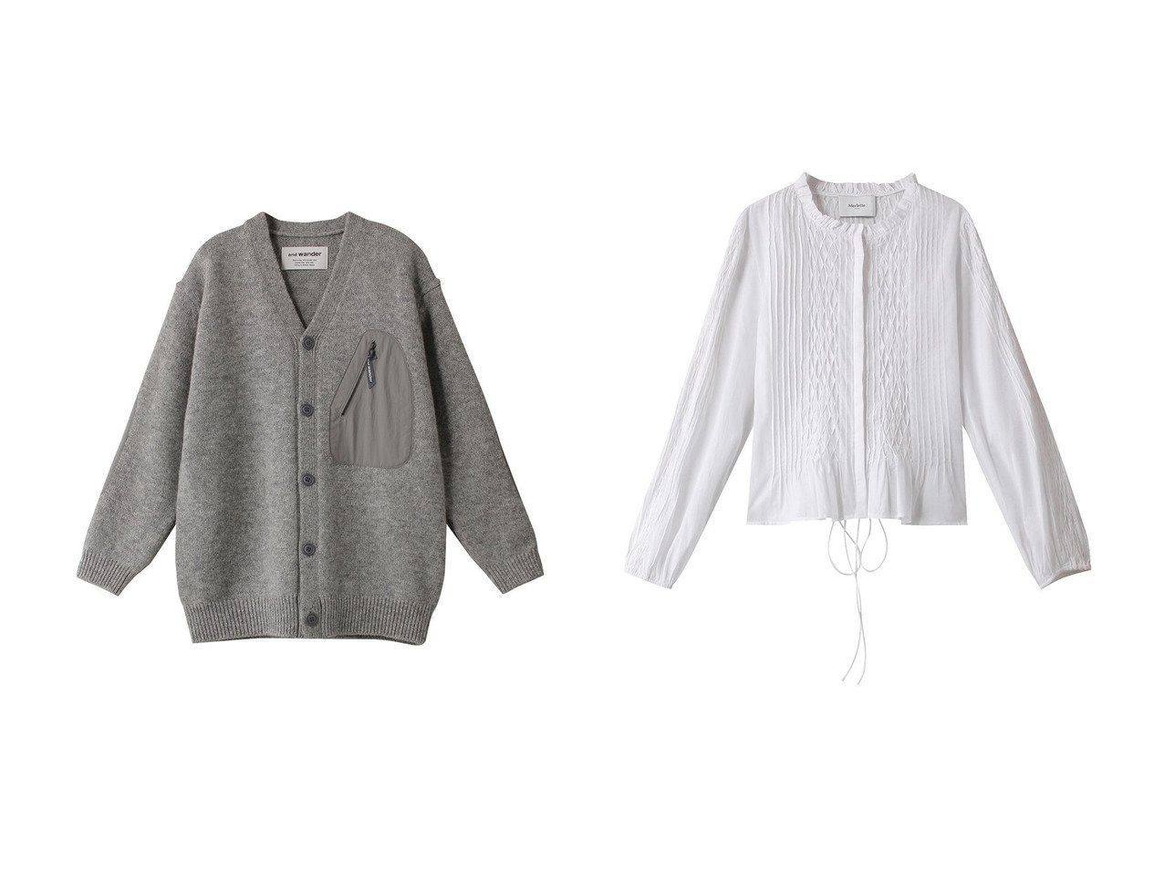 【and wander/アンドワンダー】の【UNISEX】shetland wool cardigan&【MERLETTE/マーレット】のBIENNE ピンタック&スモッキング刺しゅうブラウス 【トップス、カットソー 人気通販 コーディネート通販】おすすめ！人気、トレンド、レディースファッションの通販   MEN】おすすめ！人気トレンド・男性、メンズファッションの通販    おすすめ人気トレンドファッション通販アイテム インテリア・キッズ・メンズ・レディースファッション・服の通販 founy(ファニー) 　ファッション　Fashion　レディースファッション　WOMEN　トップス・カットソー　Tops/Tshirt　ニット　Knit Tops　カーディガン　Cardigans　シャツ/ブラウス　Shirts/Blouses　ユニセックス　Unisex　カーディガン　Cardigan　ポケット　Pocket　エレガント 上品　Elegant　NEW・新作・新着・新入荷　New Arrivals　グレー系　Gray　ホワイト系　White　|ID:crp329100000194785