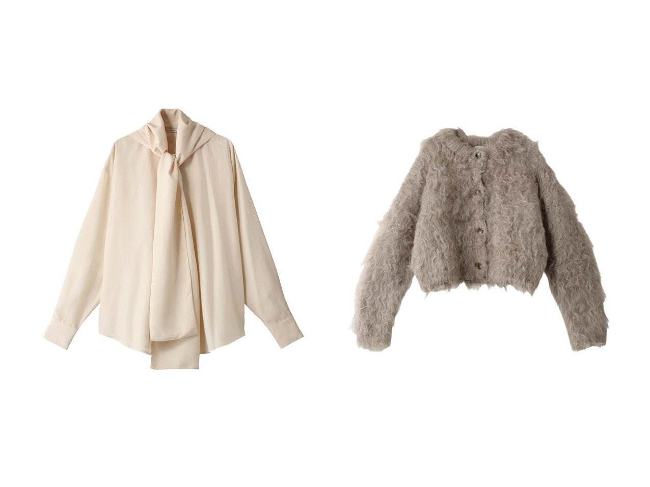 【CLANE/クラネ】のSHAGGY SHORT KNIT CARDIGAN ニット/セーター&BOW TIE HOODIE SHIRT シャツ/ブラウス 【トップス、カットソー 人気通販 コーディネート通販】おすすめ！人気、トレンド、レディースファッションの通販   おすすめ人気トレンドファッション通販アイテム インテリア・キッズ・メンズ・レディースファッション・服の通販 founy(ファニー) 　ファッション　Fashion　レディースファッション　WOMEN　トップス・カットソー　Tops/Tshirt　シャツ/ブラウス　Shirts/Blouses　ニット　Knit Tops　カーディガン　Cardigans　スリーブ　Sleeve　フロント　Front　リボン　Ribbon　ロング　Long　NEW・新作・新着・新入荷　New Arrivals　イエロー系　Yellow　ブルー系　Blue　ベージュ系　Beige　グレー系　Gray　|ID:crp329100000195278