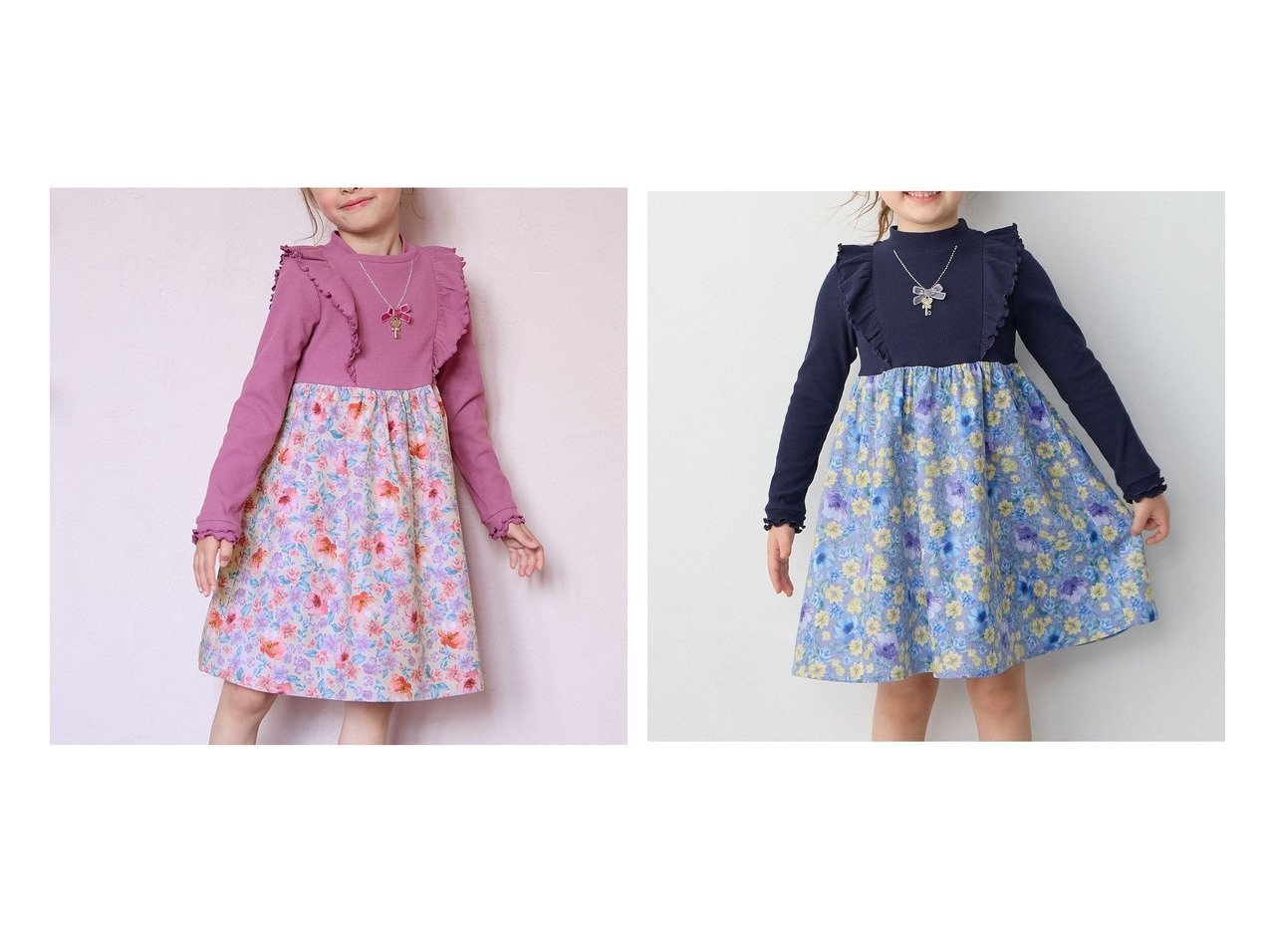 【any FAM / KIDS/エニファム】の花柄ドッキングワンピース 【KIDS】子供服のおすすめ！人気トレンド・キッズファッションの通販   おすすめ人気トレンドファッション通販アイテム インテリア・キッズ・メンズ・レディースファッション・服の通販 founy(ファニー) 　ファッション　Fashion　キッズファッション　KIDS　ワンピース　Dress/Kids　NEW・新作・新着・新入荷　New Arrivals　A/W・秋冬　Aw・Autumn/Winter・Fw・Fall-Winter　ドッキング　Docking　ネックレス　Necklace　フリル　Frills　ポケット　Pocket　エレガント 上品　Elegant　レッド系　Red　ブルー系　Blue　|ID:crp329100000195410