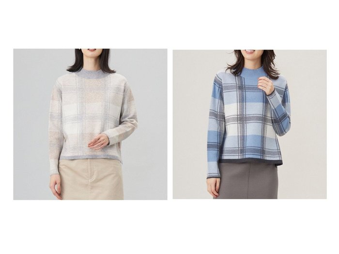 【J.PRESS/ジェイ プレス】の【洗える】WOOLY STRETCH PLAID ニット 【トップス、カットソー 人気通販 コーディネート通販】おすすめ！人気、トレンド、レディースファッションの通販   おすすめ人気トレンドファッション通販アイテム 人気、トレンドファッション・服の通販 founy(ファニー) 　ファッション　Fashion　レディースファッション　WOMEN　トップス・カットソー　Tops/Tshirt　ニット　Knit Tops　NEW・新作・新着・新入荷　New Arrivals　A/W・秋冬　Aw・Autumn/Winter・Fw・Fall-Winter　エレガント 上品　Elegant　ジャカード　Jacquard　ストレッチ　Stretch　スリット　Slit　セーター　Sweater　チェック　Check　ハイネック　High Neck　ボトム　Bottom　冬　Winter　洗える　Washable　|ID:crp329100000196554