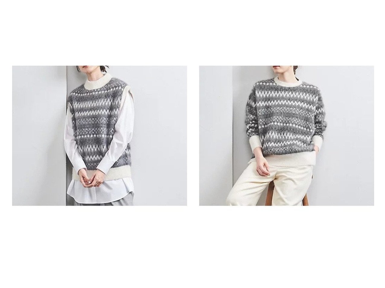 【UNITED ARROWS/ユナイテッドアローズ】のフォックスカシミヤ ジャカード ニットベスト&フォックスカシミヤ ジャカード クルーネック ニット 【トップス、カットソー 人気通販 コーディネート通販】おすすめ！人気、トレンド、レディースファッションの通販   おすすめ人気トレンドファッション通販アイテム インテリア・キッズ・メンズ・レディースファッション・服の通販 founy(ファニー) 　ファッション　Fashion　レディースファッション　WOMEN　アウター　Coat Outerwear　トップス・カットソー　Tops/Tshirt　ニット　Knit Tops　ベスト/ジレ　Gilets/Vests　インナー　Inner　秋　Autumn/Fall　カシミヤ　Cashmere　カットソー　Cut And Sew　カーディガン　Cardigan　ジャカード　Jacquard　トリミング　Trimming　ノースリーブ　No Sleeve　長袖　Long Sleeve　フォックス　Fox　ブラウジング　Browsing　ベスト　Vest　無地　Plain Color　スリット　Slit　セーター　Sweater　ヘムライン　Hemline　ボックス　Box　おすすめ　Recommend　グレー系　Gray　|ID:crp329100000196596