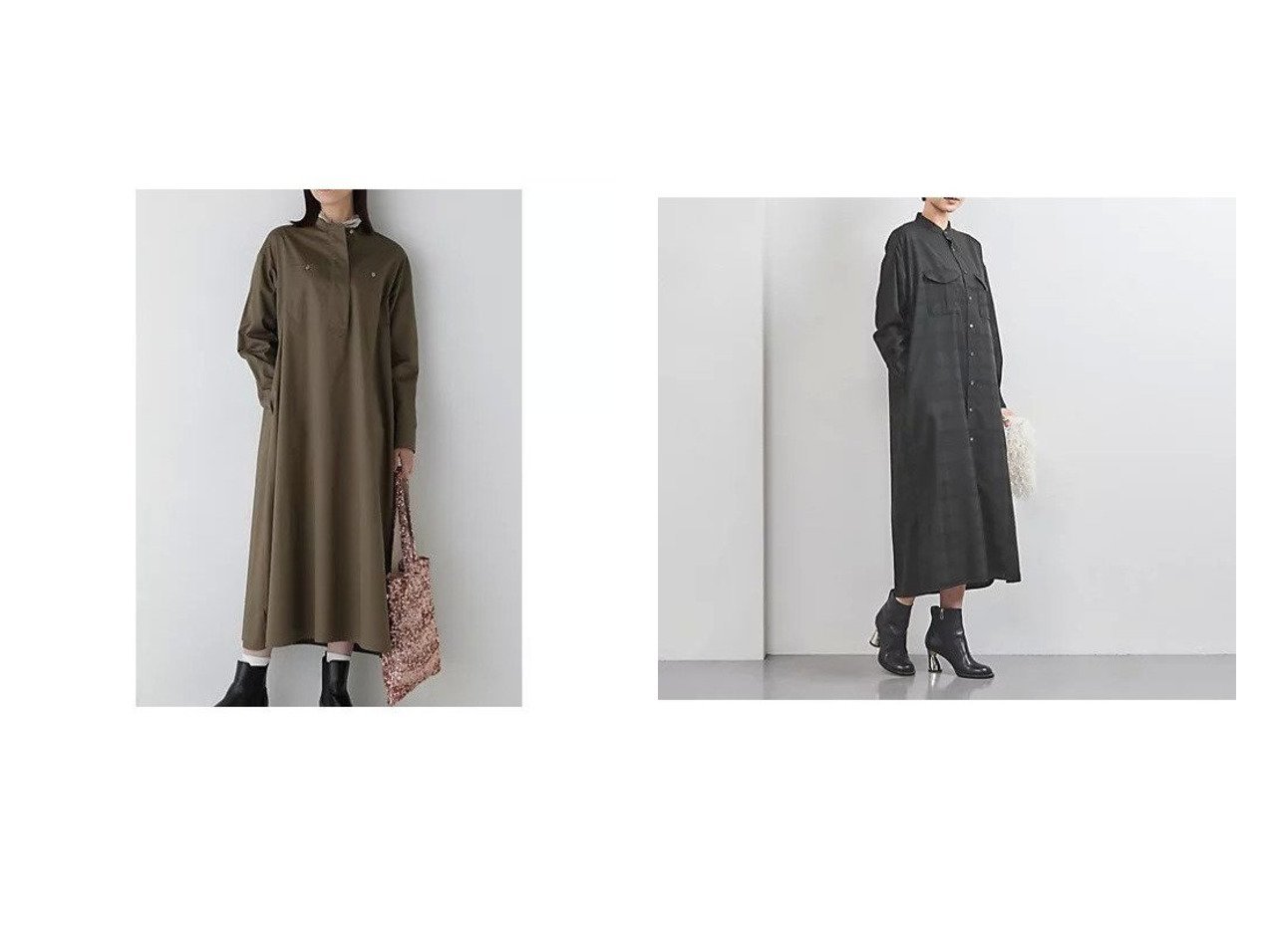 【HUMAN WOMAN/ヒューマンウーマン】のコットンサテンバンドカラーシャツワンピース&【UNITED ARROWS/ユナイテッドアローズ】のシャドーチェック シャツワンピース 【ワンピース、ドレス 人気通販 コーディネート通販】おすすめ！人気、トレンド、レディースファッションの通販    おすすめ人気トレンドファッション通販アイテム インテリア・キッズ・メンズ・レディースファッション・服の通販 founy(ファニー) 　ファッション　Fashion　レディースファッション　WOMEN　ワンピース　Dress　シャツワンピース　Shirt Dresses　おすすめ　Recommend　ウォーム　Worm　サテン　Satin　スタンダード　Standard　ロング　Long　エレガント 上品　Elegant　秋　Autumn/Fall　コレクション　Collection　シャドー　Shadow　スリット　Slit　チェック　Check　ベーシック　Basic　ボトム　Bottom　ワーク　Work　グリーン系　Green　ホワイト系　White　ブラック系　Black　|ID:crp329100000197869