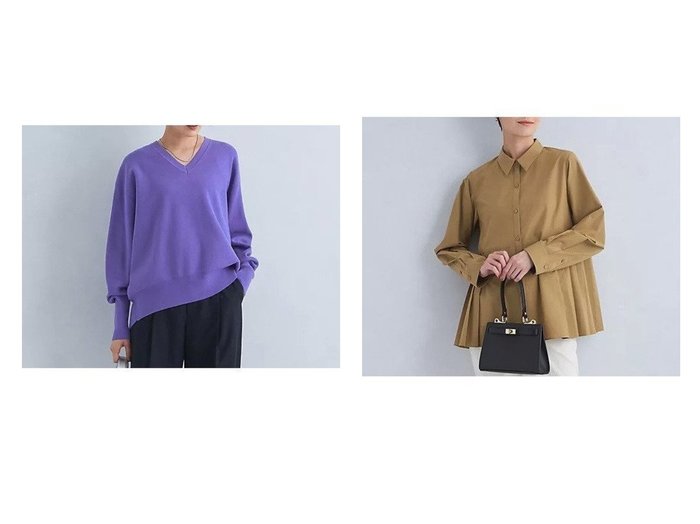 【green label relaxing / UNITED ARROWS/グリーンレーベル リラクシング / ユナイテッドアローズ】のバック プリーツ シャツ&ハーフミラノ Vネック ニット プルオーバー -ウォッシャブル- 【トップス、カットソー 人気通販 コーディネート通販】おすすめ！人気、トレンド、レディースファッションの通販    おすすめ人気トレンドファッション通販アイテム 人気、トレンドファッション・服の通販 founy(ファニー) ファッション Fashion レディースファッション WOMEN トップス・カットソー Tops/Tshirt ニット Knit Tops プルオーバー Pullover Vネック V-Neck シャツ/ブラウス Shirts/Blouses バッグ Bag おすすめ Recommend ウォッシャブル Washable シンプル Simple スリット Slit ハーフ Half フェミニン Feminine ミラノ Milan ワイド Wide ビジネス 仕事 通勤 Business 秋 Autumn/Fall |ID:crp329100000197973