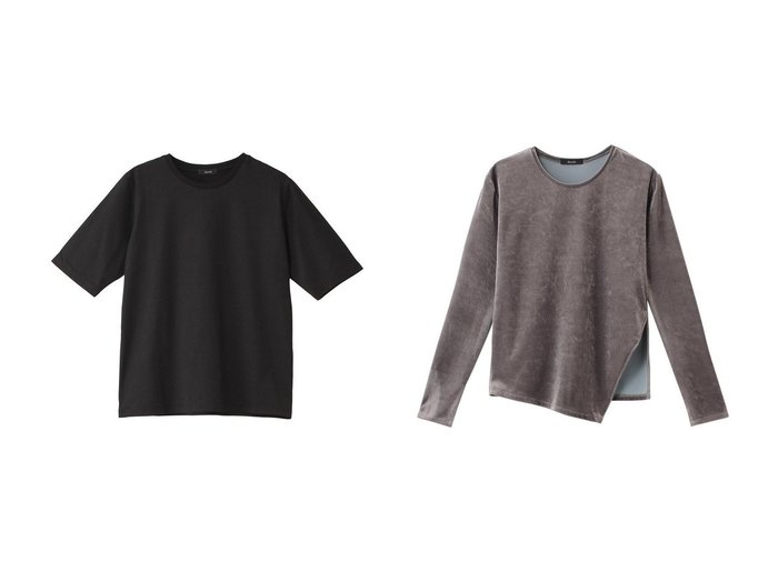 【allureville/アルアバイル】のBASIC T A&ベロアアシメスリットプルオーバー 【トップス、カットソー 人気通販 コーディネート通販】おすすめ！人気、トレンド、レディースファッションの通販    おすすめ人気トレンドファッション通販アイテム 人気、トレンドファッション・服の通販 founy(ファニー) 　ファッション　Fashion　レディースファッション　WOMEN　トップス・カットソー　Tops/Tshirt　シャツ/ブラウス　Shirts/Blouses　ロング / Tシャツ　T-Shirts　カットソー　Cut and Sewn　プルオーバー　Pullover　ベロア　Velour　インナー　Inner　ショート　Short　シンプル　Simple　スリーブ　Sleeve　半袖　Short Sleeve　定番　Standard　NEW・新作・新着・新入荷　New Arrivals　無地　Plain Color　A/W・秋冬　Aw・Autumn/Winter・Fw・Fall-Winter　アシンメトリー　Asymmetry　エレガント 上品　Elegant　ジャケット　Jacket　スリット　Slit　ドレープ　Drape　ファブリック　Fabric　ベロア　Velor　ロング　Long　|ID:crp329100000198130