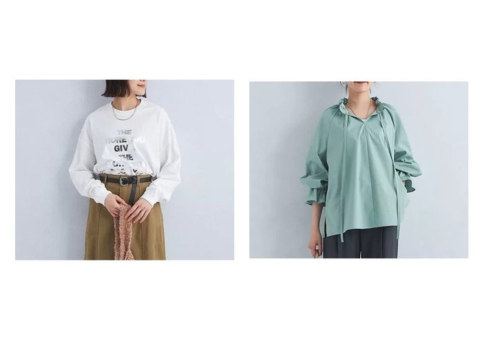 【green label relaxing / UNITED ARROWS/グリーンレーベル リラクシング / ユナイテッドアローズ】のホイル プリント ロングスリーブ Tシャツ カットソー&フリルネック リボン ブラウス 【トップス、カットソー 人気通販 コーディネート通販】おすすめ！人気、トレンド、レディースファッションの通販   おすすめ人気トレンドファッション通販アイテム 人気、トレンドファッション・服の通販 founy(ファニー) 　ファッション　Fashion　レディースファッション　WOMEN　トップス・カットソー　Tops/Tshirt　シャツ/ブラウス　Shirts/Blouses　ロング / Tシャツ　T-Shirts　カットソー　Cut and Sewn　おすすめ　Recommend　ウェーブ　Wave　ジャケット　Jacket　フェミニン　Feminine　フリル　Frills　フロント　Front　リボン　Ribbon　ビジネス 仕事 通勤　Business　秋　Autumn/Fall　インナー　Inner　カットソー　Cut And Sew　スリーブ　Sleeve　プリント　Print　ボトム　Bottom　メタリック　Metallic　ロング　Long　冬　Winter　A/W・秋冬　Aw・Autumn/Winter・Fw・Fall-Winter　|ID:crp329100000198549