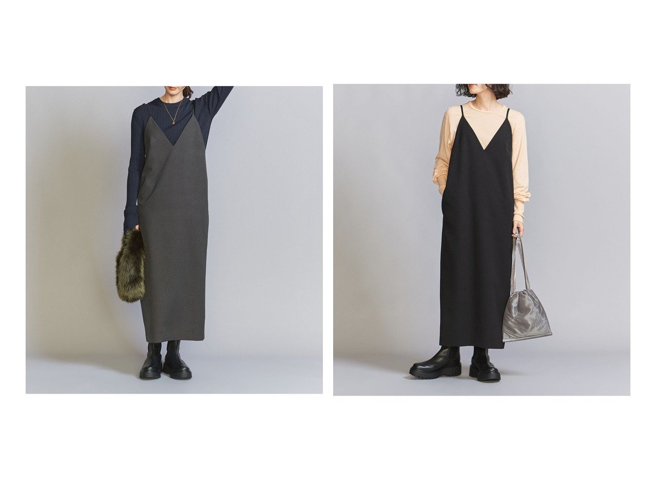 【BEAUTY&YOUTH / UNITED ARROWS/ビューティ&ユース ユナイテッドアローズ】のIライン キャミワンピース 【 人気通販 コーディネート通販】おすすめ！人気、トレンド、レディースファッションの通販  おすすめ人気トレンドファッション通販アイテム インテリア・キッズ・メンズ・レディースファッション・服の通販 founy(ファニー) 　ファッション　Fashion　レディースファッション　WOMEN　ワンピース　Dress　キャミワンピース　No Sleeve Dresses　秋　Autumn/Fall　カッティング　Cutting　キャミワンピース　Cami Dress　シンプル　Simple　スニーカー　Sneakers　スポーツ　Sports　スリット　Slit　フェミニン　Feminine　ポケット　Pocket　マニッシュ　Mannish　ミックス　Mix　ロング　Long　冬　Winter　おすすめ　Recommend　エレガント 上品　Elegant　グレー系　Gray　ブラック系　Black　|ID:crp329100000199040