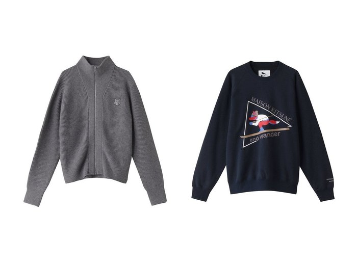 【and wander/アンドワンダー】の【UNISEX】【MAISON KITSUNE × and wander】 cotton sweat shirt&【MAISON KITSUNE/メゾン キツネ】のBOLD FOX HEAD PATCH リブジッパー付き カーディガン 【トップス、カットソー 人気通販 コーディネート通販】おすすめ！人気、トレンド、レディースファッションの通販 おすすめ人気トレンドファッション通販アイテム 人気、トレンドファッション・服の通販 founy(ファニー) 　ファッション　Fashion　レディースファッション　WOMEN　トップス・カットソー　Tops/Tshirt　ニット　Knit Tops　カーディガン　Cardigans　シャツ/ブラウス　Shirts/Blouses　パーカ　Sweats　ロング / Tシャツ　T-Shirts　スウェット　Sweat　カットソー　Cut and Sewn　カーディガン　Cardigan　ハイネック　High Neck　パッチ　Patch　エレガント 上品　Elegant　NEW・新作・新着・新入荷　New Arrivals　羽織　Haori　ユニセックス　Unisex　コレクション　Collection　フロント　Front　|ID:crp329100000200086