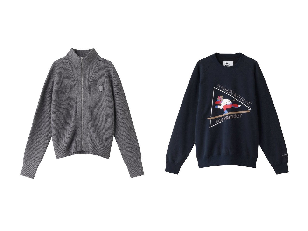 【and wander/アンドワンダー】の【UNISEX】【MAISON KITSUNE × and wander】 cotton sweat shirt&【MAISON KITSUNE/メゾン キツネ】のBOLD FOX HEAD PATCH リブジッパー付き カーディガン 【トップス、カットソー 人気通販 コーディネート通販】おすすめ！人気、トレンド、レディースファッションの通販 おすすめ人気トレンドファッション通販アイテム インテリア・キッズ・メンズ・レディースファッション・服の通販 founy(ファニー) 　ファッション　Fashion　レディースファッション　WOMEN　トップス・カットソー　Tops/Tshirt　ニット　Knit Tops　カーディガン　Cardigans　シャツ/ブラウス　Shirts/Blouses　パーカ　Sweats　ロング / Tシャツ　T-Shirts　スウェット　Sweat　カットソー　Cut and Sewn　カーディガン　Cardigan　ハイネック　High Neck　パッチ　Patch　エレガント 上品　Elegant　NEW・新作・新着・新入荷　New Arrivals　羽織　Haori　ユニセックス　Unisex　コレクション　Collection　フロント　Front　グレー系　Gray　ブルー系　Blue　|ID:crp329100000200086