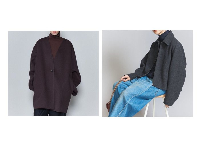 【BEAUTY&YOUTH / UNITED ARROWS/ビューティ&ユース ユナイテッドアローズ】の【WEB限定】ウールライク ショートジップブルゾン&6(ROKU) ウール ノーカラーコート 【人気通販 コーディネート通販】おすすめ！人気、トレンド、レディースファッションの通販    おすすめ人気トレンドファッション通販アイテム 人気、トレンドファッション・服の通販 founy(ファニー) 　ファッション　Fashion　レディースファッション　WOMEN　アウター　Coat Outerwear　ブルゾン　Blouson/Jackets　コート　Coats　インナー　Inner　シンプル　Simple　スウェット　Sweat　スラックス　Slacks　デニム　Denim　トレンド　Trend　フォルム　Form　プリント　Print　ヘリンボーン　Herringbone　ボックス　Box　マニッシュ　Mannish　モノトーン　Monotone　リラックス　Relax　エレガント 上品　Elegant　カシミヤ　Cashmere　ジャケット　Jacket　ミドル　Middle　|ID:crp329100000200764