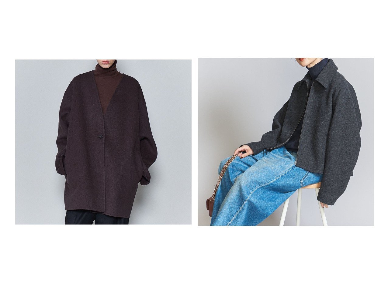 【BEAUTY&YOUTH / UNITED ARROWS/ビューティ&ユース ユナイテッドアローズ】の【WEB限定】ウールライク ショートジップブルゾン&6(ROKU) ウール ノーカラーコート 【人気通販 コーディネート通販】おすすめ！人気、トレンド、レディースファッションの通販    おすすめ人気トレンドファッション通販アイテム インテリア・キッズ・メンズ・レディースファッション・服の通販 founy(ファニー) 　ファッション　Fashion　レディースファッション　WOMEN　アウター　Coat Outerwear　ブルゾン　Blouson/Jackets　コート　Coats　インナー　Inner　シンプル　Simple　スウェット　Sweat　スラックス　Slacks　デニム　Denim　トレンド　Trend　フォルム　Form　プリント　Print　ヘリンボーン　Herringbone　ボックス　Box　マニッシュ　Mannish　モノトーン　Monotone　リラックス　Relax　エレガント 上品　Elegant　カシミヤ　Cashmere　ジャケット　Jacket　ミドル　Middle　グレー系　Gray　ホワイト系　White　ブラウン系　Brown　|ID:crp329100000200764