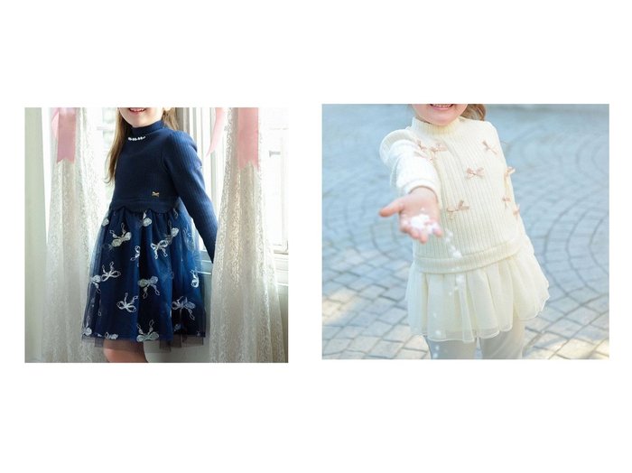 【any FAM / KIDS/エニファム】のふくれジャガードリボンチュニック&ドッキングチュールワンピース 【KIDS】子供服のおすすめ！人気トレンド・キッズファッションの通販    おすすめ人気トレンドファッション通販アイテム 人気、トレンドファッション・服の通販 founy(ファニー) 　ファッション　Fashion　キッズファッション　KIDS　トップス・カットソー　Tops/Tees/Kids　ワンピース　Dress/Kids　NEW・新作・新着・新入荷　New Arrivals　A/W・秋冬　Aw・Autumn/Winter・Fw・Fall-Winter　ガーリー　Girly　シンプル　Simple　スウェット　Sweat　チュニック　Tunic　チュール　Tulle　ポケット　Pocket　リボン　Ribbon　スカラップ　Scalloped　スパンコール　Sequins　チャーム　Charm　ドッキング　Docking　ビジュー　Bijou　エレガント 上品　Elegant　|ID:crp329100000201591