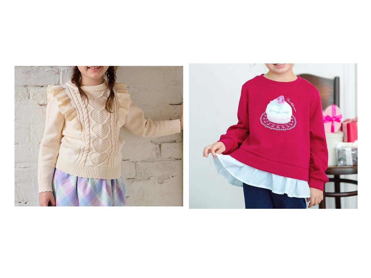 【any FAM / KIDS/エニファム】の裏シャギーレイヤード風トレーナー&肩フリルハートケーブルニット 【KIDS】子供服のおすすめ！人気トレンド・キッズファッションの通販    おすすめ人気トレンドファッション通販アイテム インテリア・キッズ・メンズ・レディースファッション・服の通販 founy(ファニー) 　ファッション　Fashion　キッズファッション　KIDS　トップス・カットソー　Tops/Tees/Kids　スウェット　Sweat　スパンコール　Sequins　トレーナー　Trainer　ドッキング　Docking　ネコ　Cat　パール　Pearl　ポケット　Pocket　モチーフ　Motif　リボン　Ribbon　A/W・秋冬　Aw・Autumn/Winter・Fw・Fall-Winter　再入荷　Restock/Back In Stock/Re Arrival　NEW・新作・新着・新入荷　New Arrivals　ガーリー　Girly　セーター　Sweater　フリル　Frills　冬　Winter　定番　Standard　オレンジ系　Orange　ブルー系　Blue　|ID:crp329100000201593