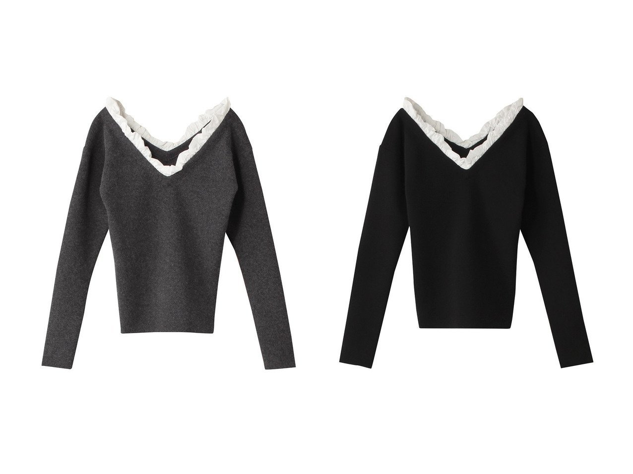 【CLANE/クラネ】の2WAY FRILL V NECK KNIT TOPS ニット 【ファッション雑貨 人気通販 コーディネート通販】おすすめ！人気、トレンド、レディースファッションの通販    おすすめ人気トレンドファッション通販アイテム インテリア・キッズ・メンズ・レディースファッション・服の通販 founy(ファニー) 　ファッション　Fashion　レディースファッション　WOMEN　トップス・カットソー　Tops/Tshirt　ニット　Knit Tops　プルオーバー　Pullover　オフショルダー　Off Shoulder　デコルテ　Decolletage　フリル　Frills　エレガント 上品　Elegant　NEW・新作・新着・新入荷　New Arrivals　グレー系　Gray　ブラック系　Black　|ID:crp329100000201730