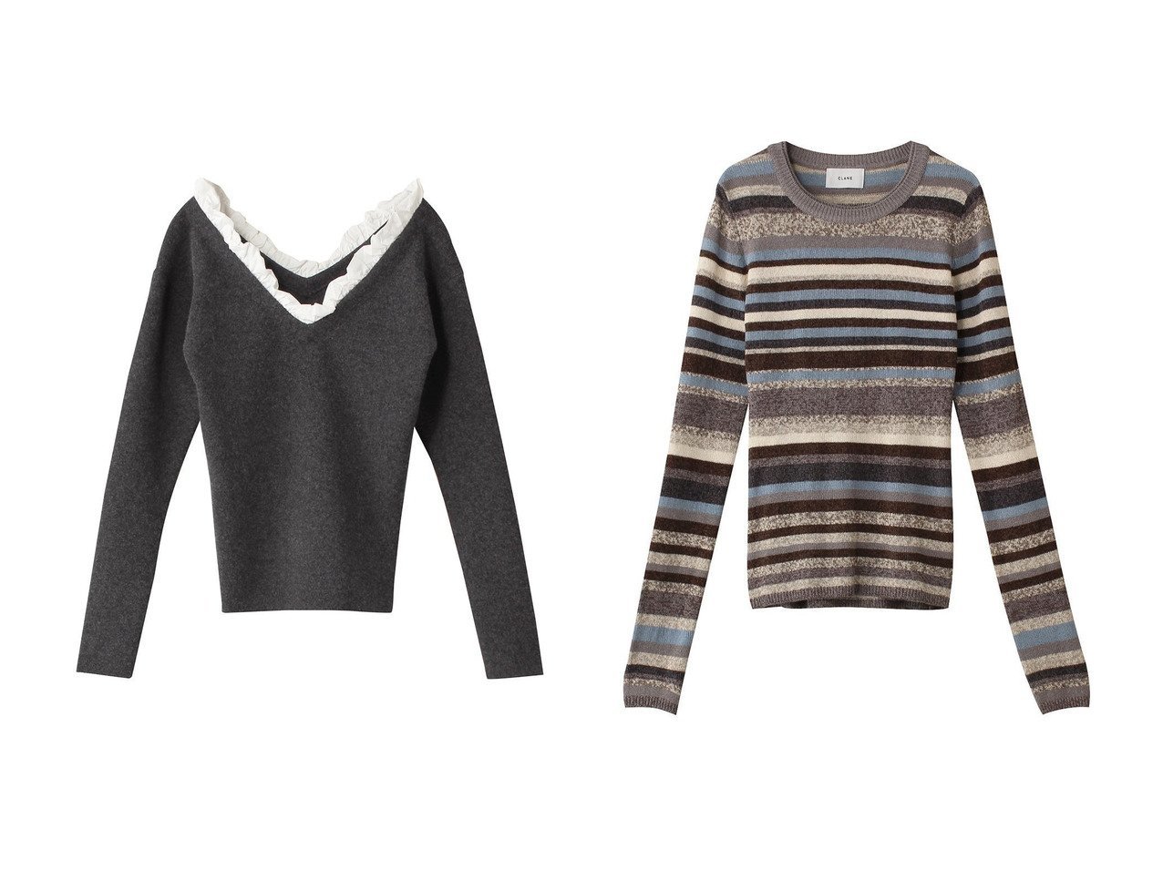 【CLANE/クラネ】のMOLE MIX BORDER KNIT TOPS ニット&2WAY FRILL V NECK KNIT TOPS ニット 【 ECで売れてるランキング上位の人気通販 コーディネート通販】おすすめ！トレンド、レディースファッションの通販   おすすめ人気トレンドファッション通販アイテム インテリア・キッズ・メンズ・レディースファッション・服の通販 founy(ファニー) 　ファッション　Fashion　レディースファッション　WOMEN　トップス・カットソー　Tops/Tshirt　ニット　Knit Tops　プルオーバー　Pullover　A/W・秋冬　Aw・Autumn/Winter・Fw・Fall-Winter　おすすめ　Recommend　インナー　Inner　コンパクト　Compact　ジャケット　Jacket　ボーダー　Border　ミックス　Mix　今季　This Season　NEW・新作・新着・新入荷　New Arrivals　ブルー系　Blue　ブラック系　Black　|ID:crp329100000202101