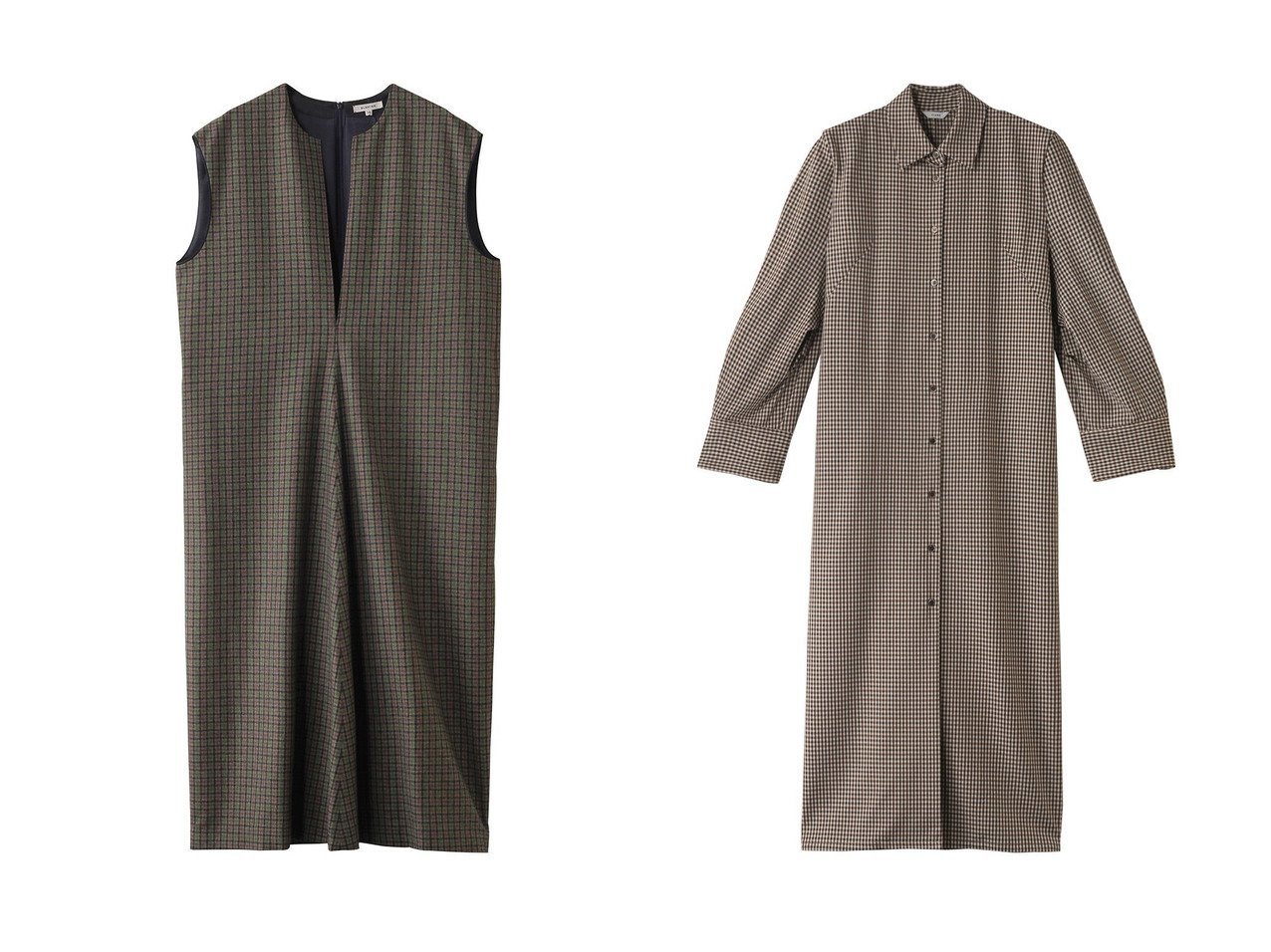 【CLANE/クラネ】のPOWER SHOULDER CHECK SHIRT ONEPIECE ワンピース&【BLAMINK/ブラミンク】のウールチェックスリットネックワンピース 【ワンピース、ドレス  人気通販 コーディネート通販】おすすめ！人気、トレンド、レディースファッションの通販    おすすめ人気トレンドファッション通販アイテム インテリア・キッズ・メンズ・レディースファッション・服の通販 founy(ファニー) 　ファッション　Fashion　レディースファッション　WOMEN　ワンピース　Dress　チュニック　Tunic　A/W・秋冬　Aw・Autumn/Winter・Fw・Fall-Winter　シェイプ　Shape　ショルダー　Shoulder　チェック　Check　チュニック　Tunic　フェミニン　Feminine　ロング　Long　エレガント 上品　Elegant　NEW・新作・新着・新入荷　New Arrivals　ベージュ系　Beige　|ID:crp329100000202356